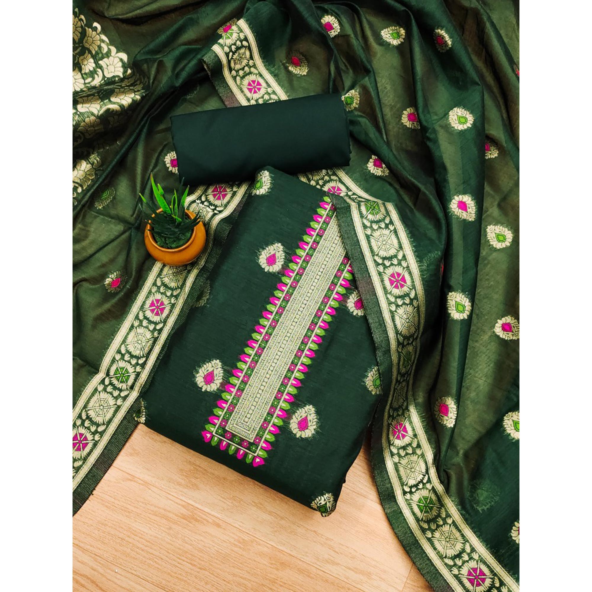 Bottle Green Floral Woven Chanderi Dress Material