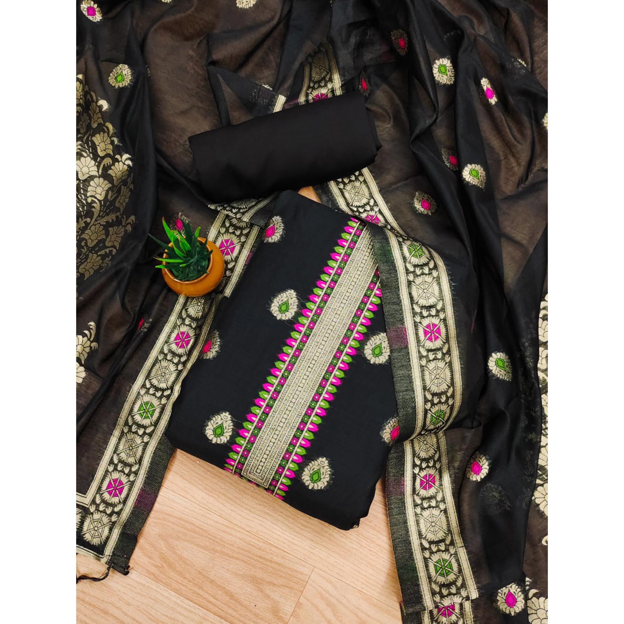 Black Floral Woven Chanderi Dress Material