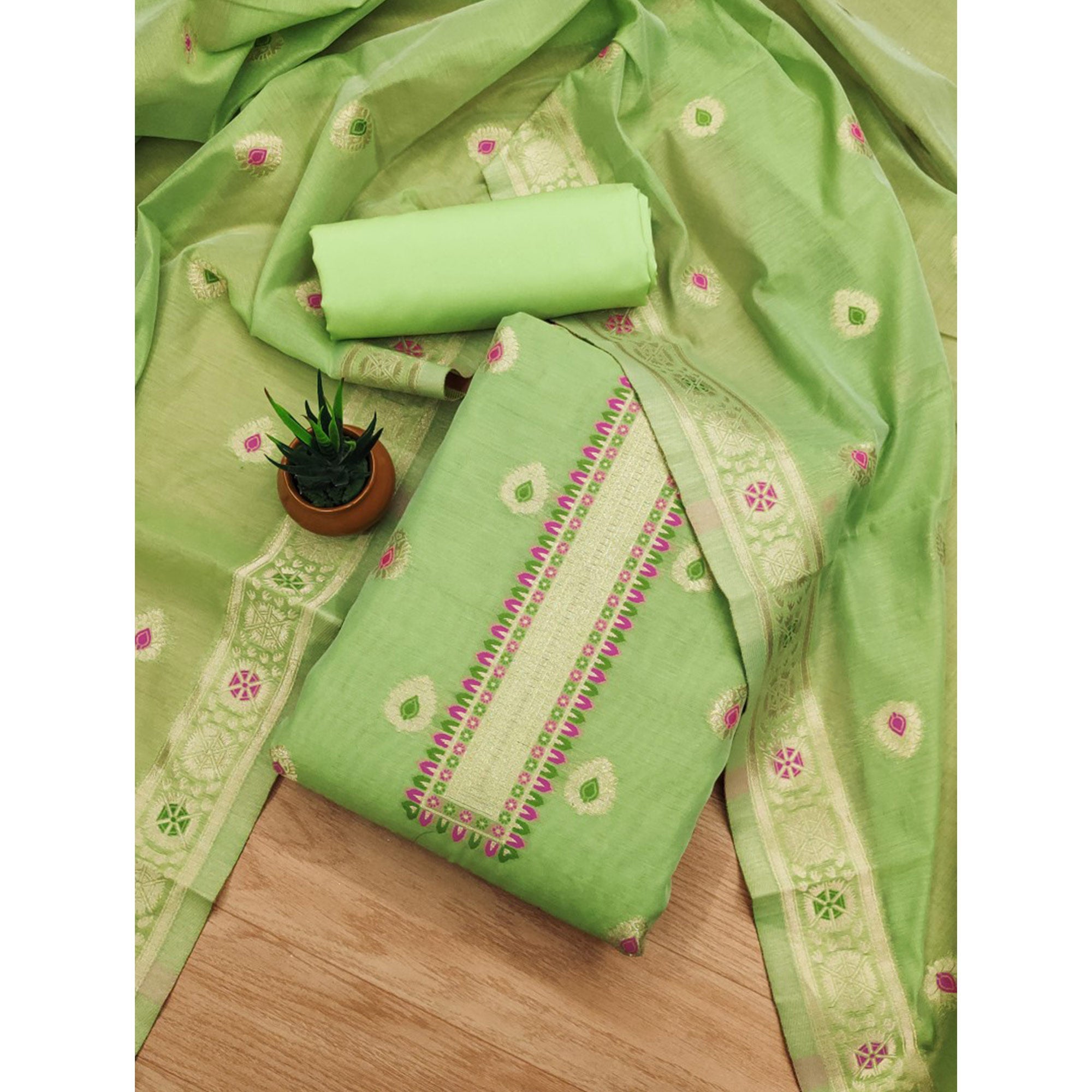 Light Green Floral Woven Chanderi Dress Material