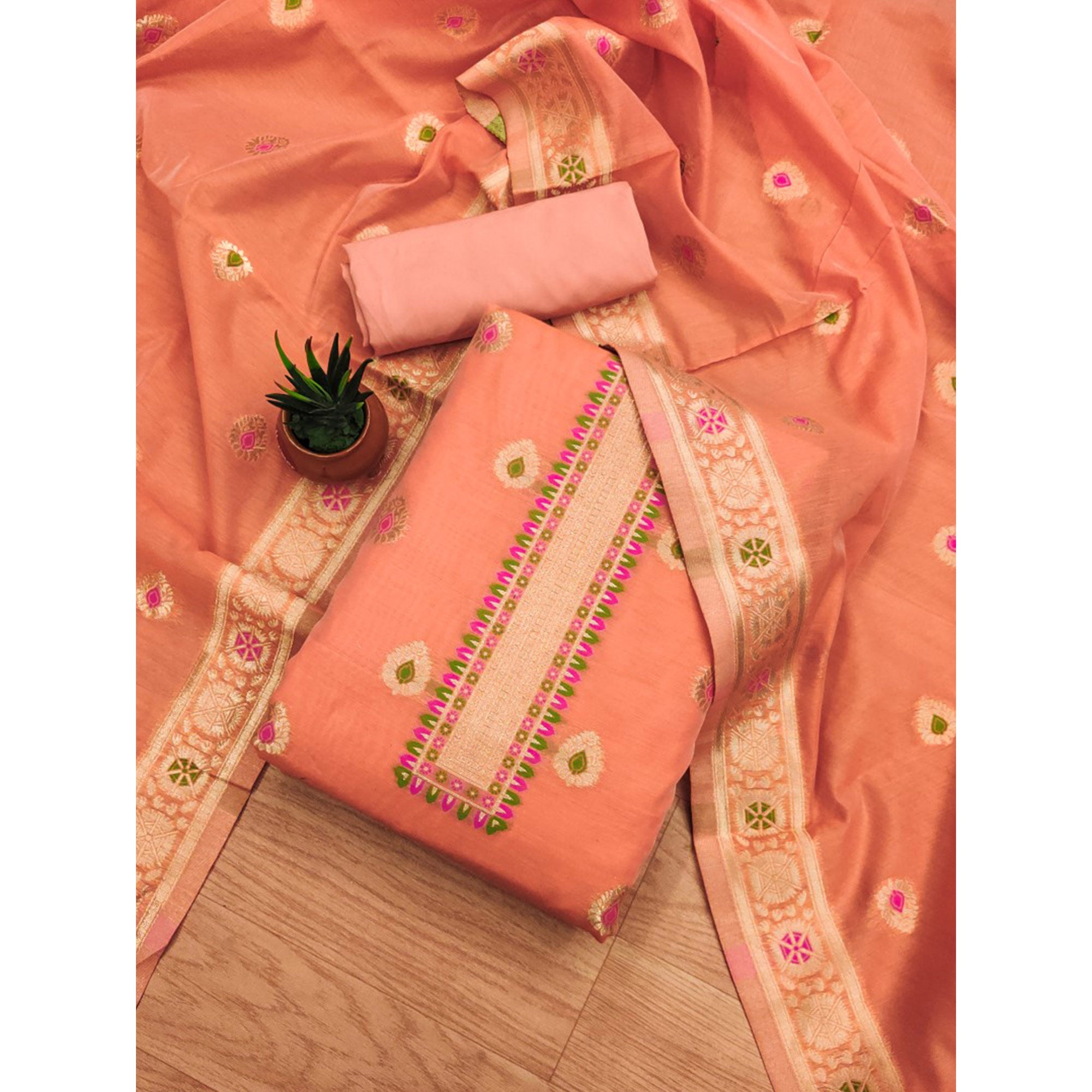 Peach Floral Woven Chanderi Dress Material