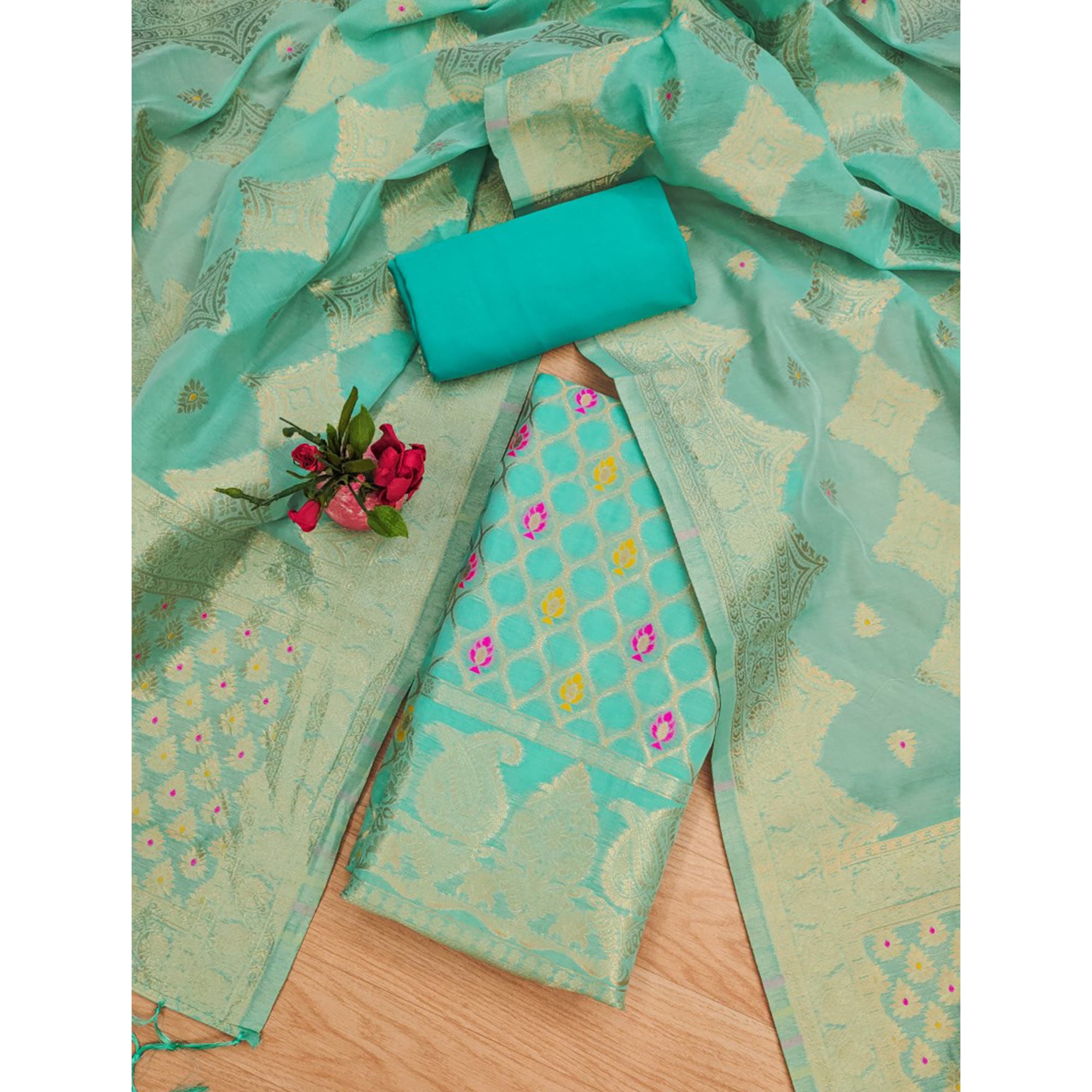 Rama Green Woven Chanderi Dress Material