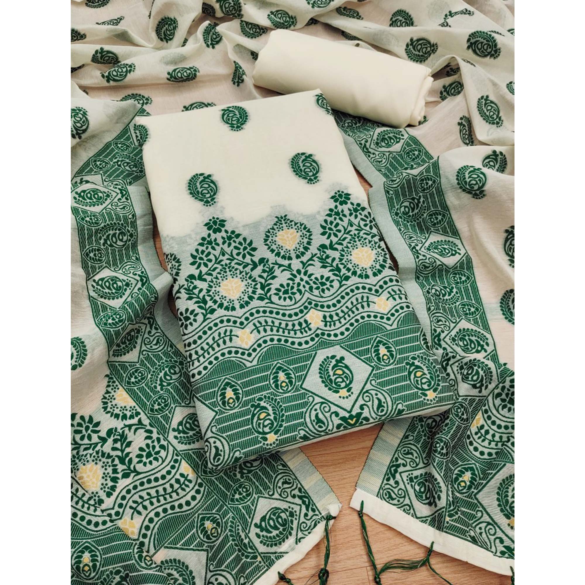 Offwhite & Green Floral Woven Chanderi Dress Material