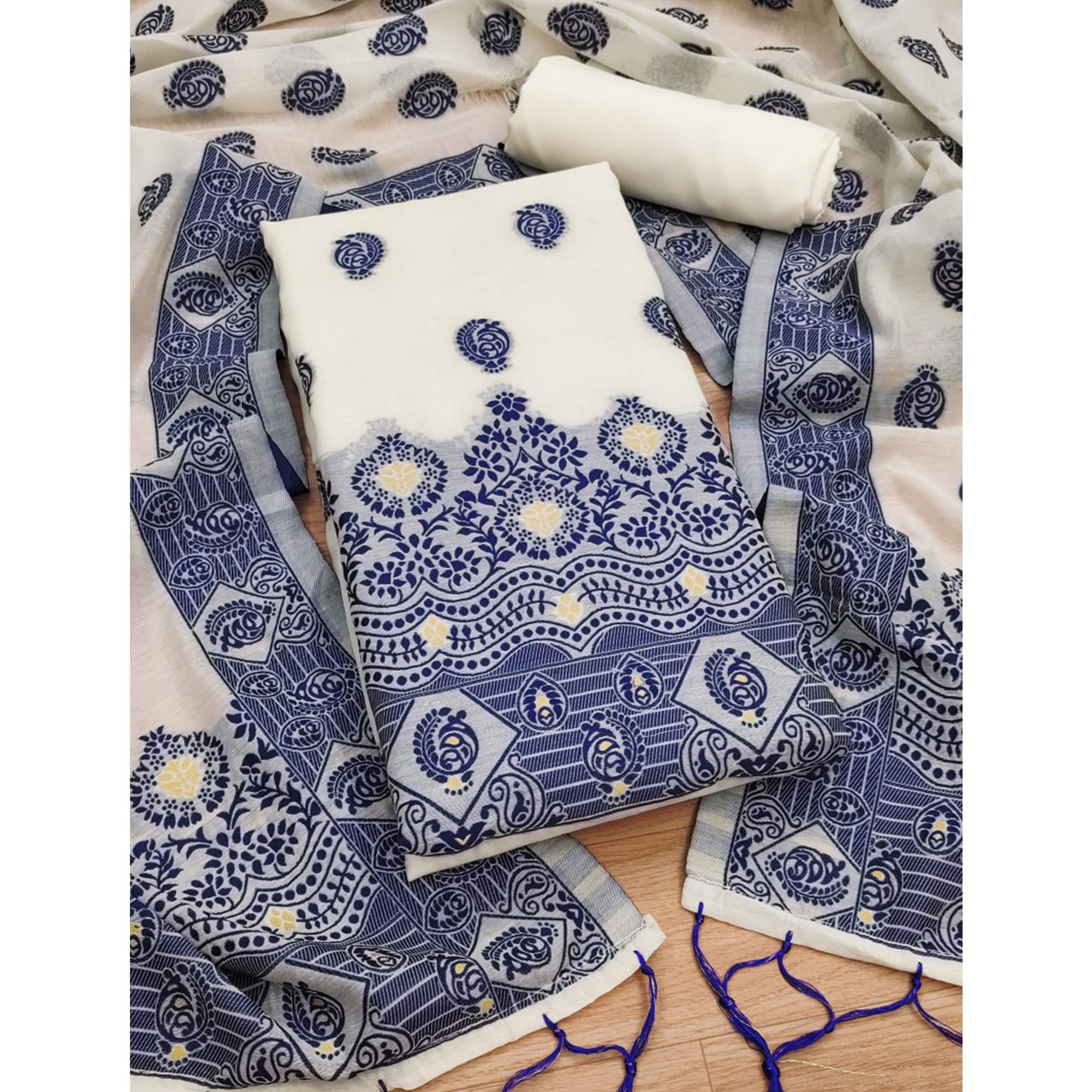 Offwhite & Navy Blue Floral Woven Chanderi Dress Material