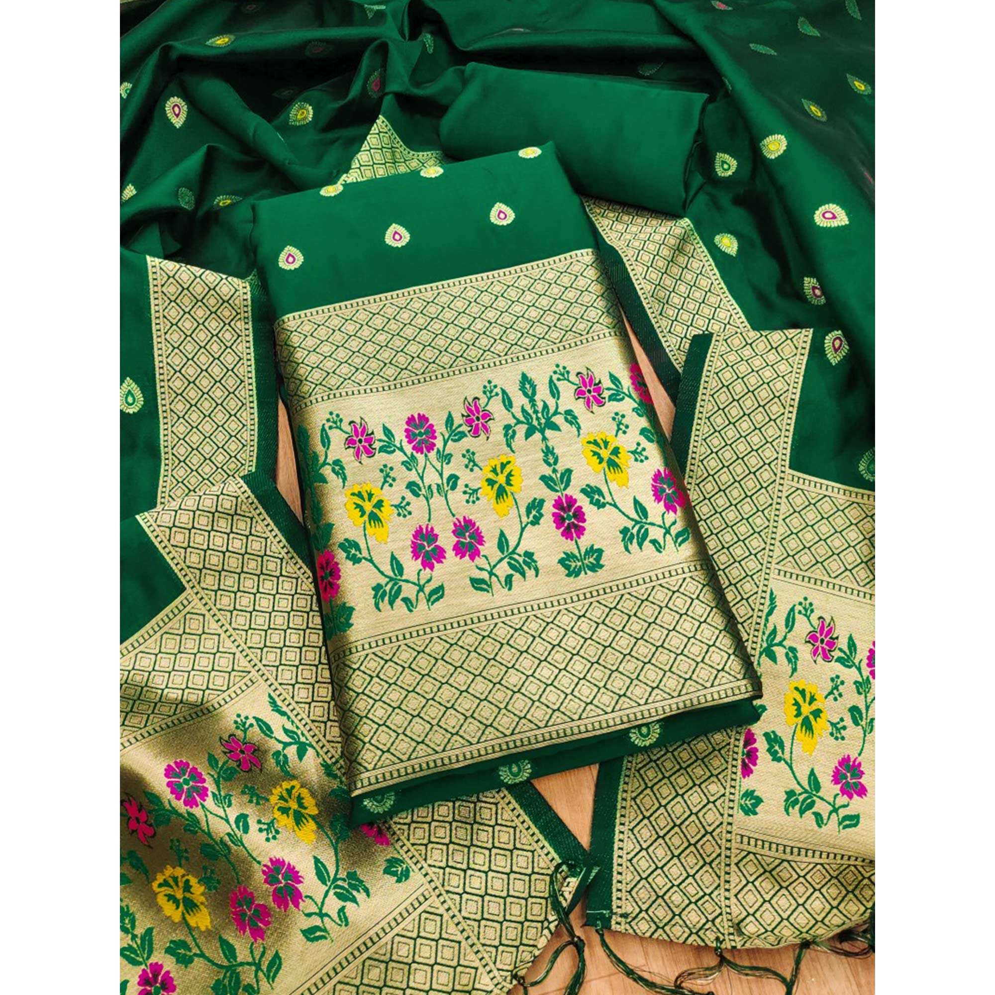 Green Floral Zari Woven Banarasi Silk Dress Material