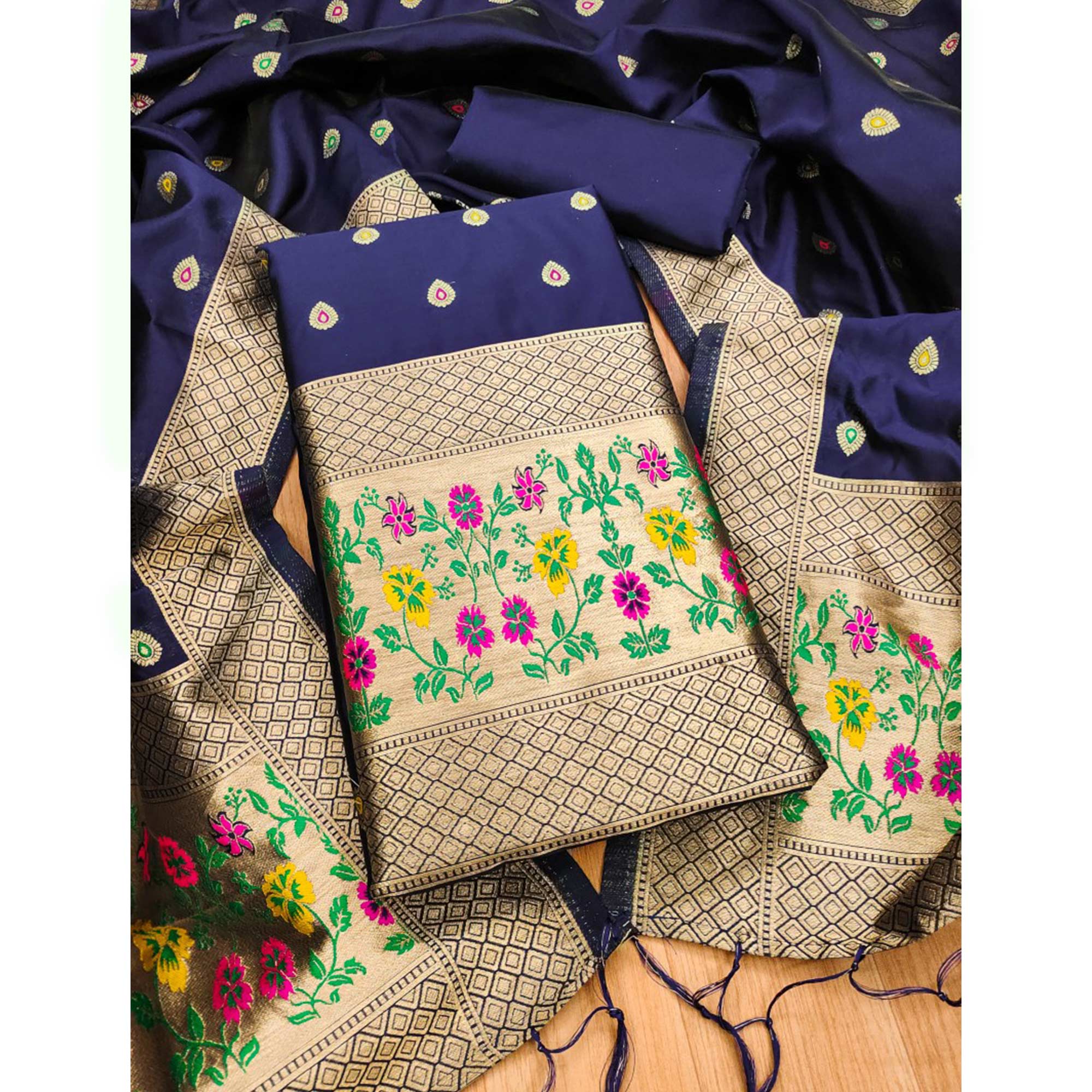 Navy Blue Floral Zari Woven Banarasi Silk Dress Material