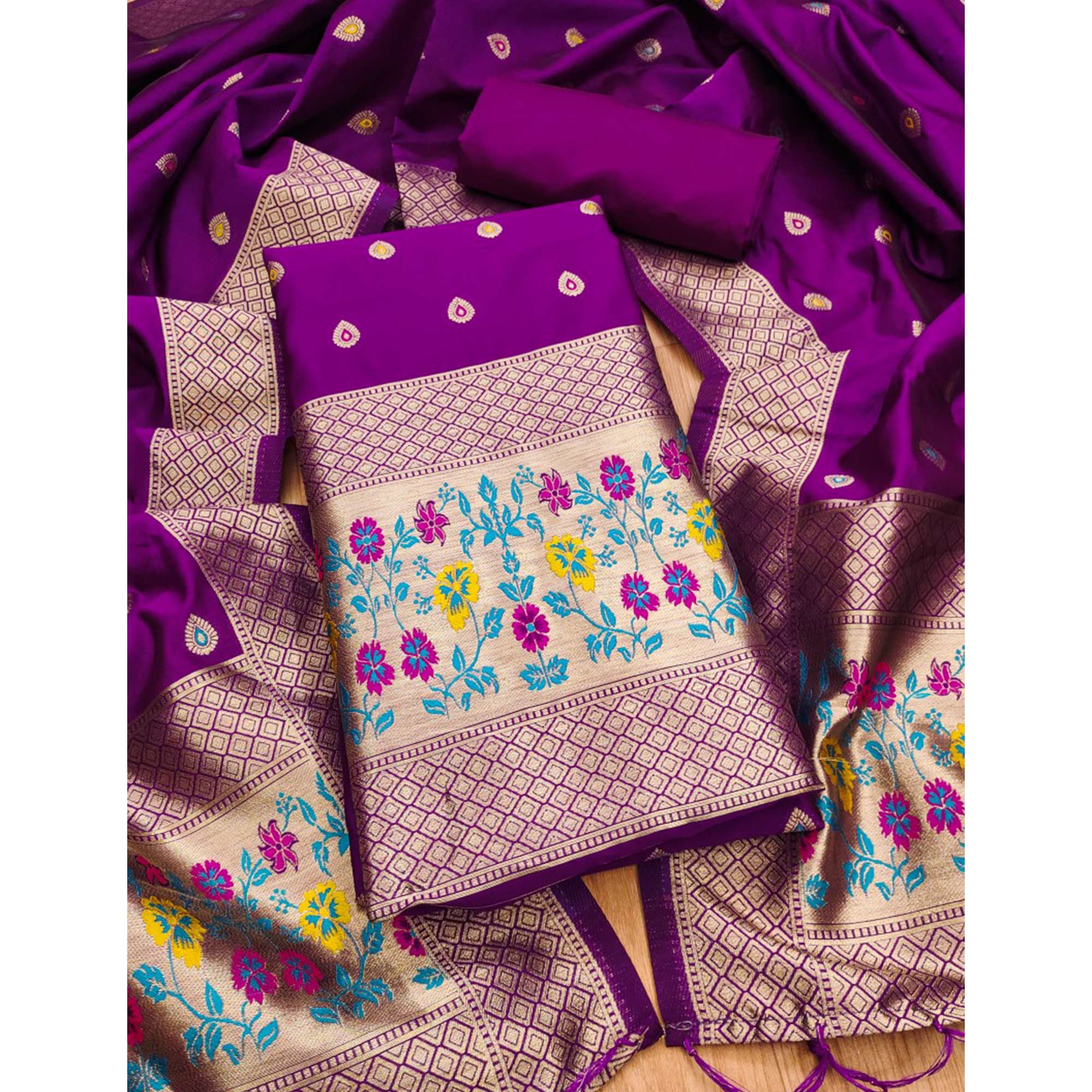 Purple Floral Zari Woven Banarasi Silk Dress Material