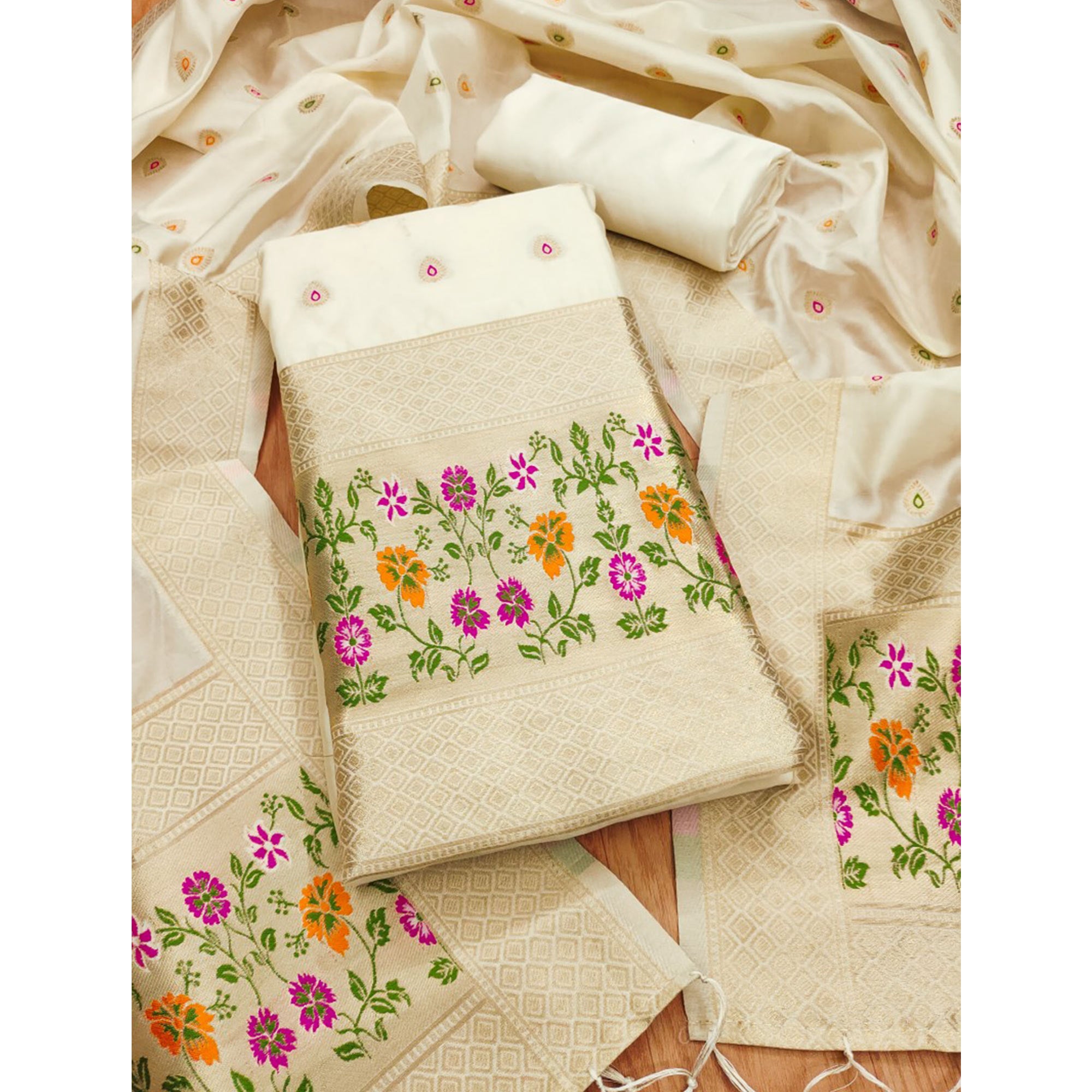 White Floral Zari Woven Banarasi Silk Dress Material