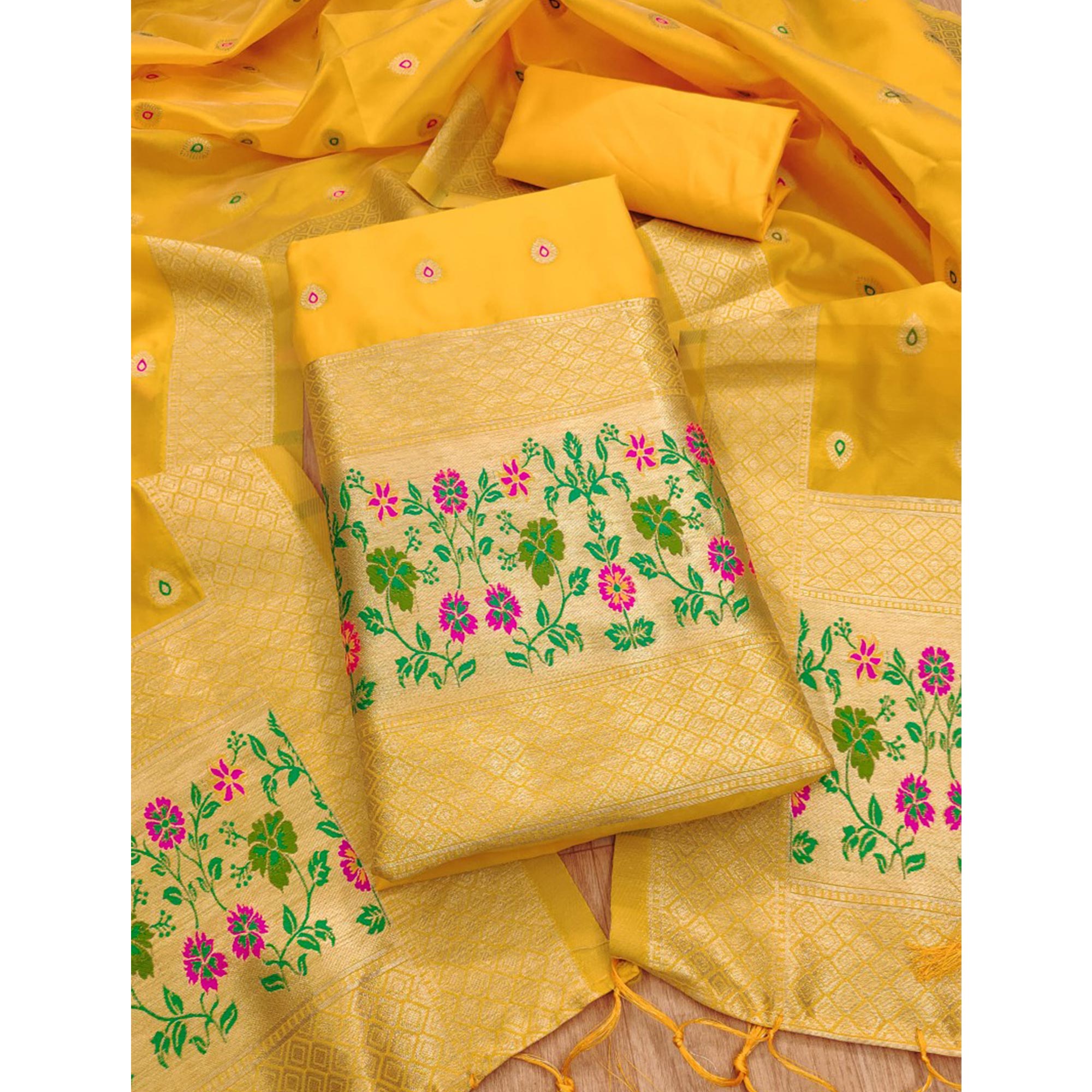 Yellow Floral Zari Woven Banarasi Silk Dress Material