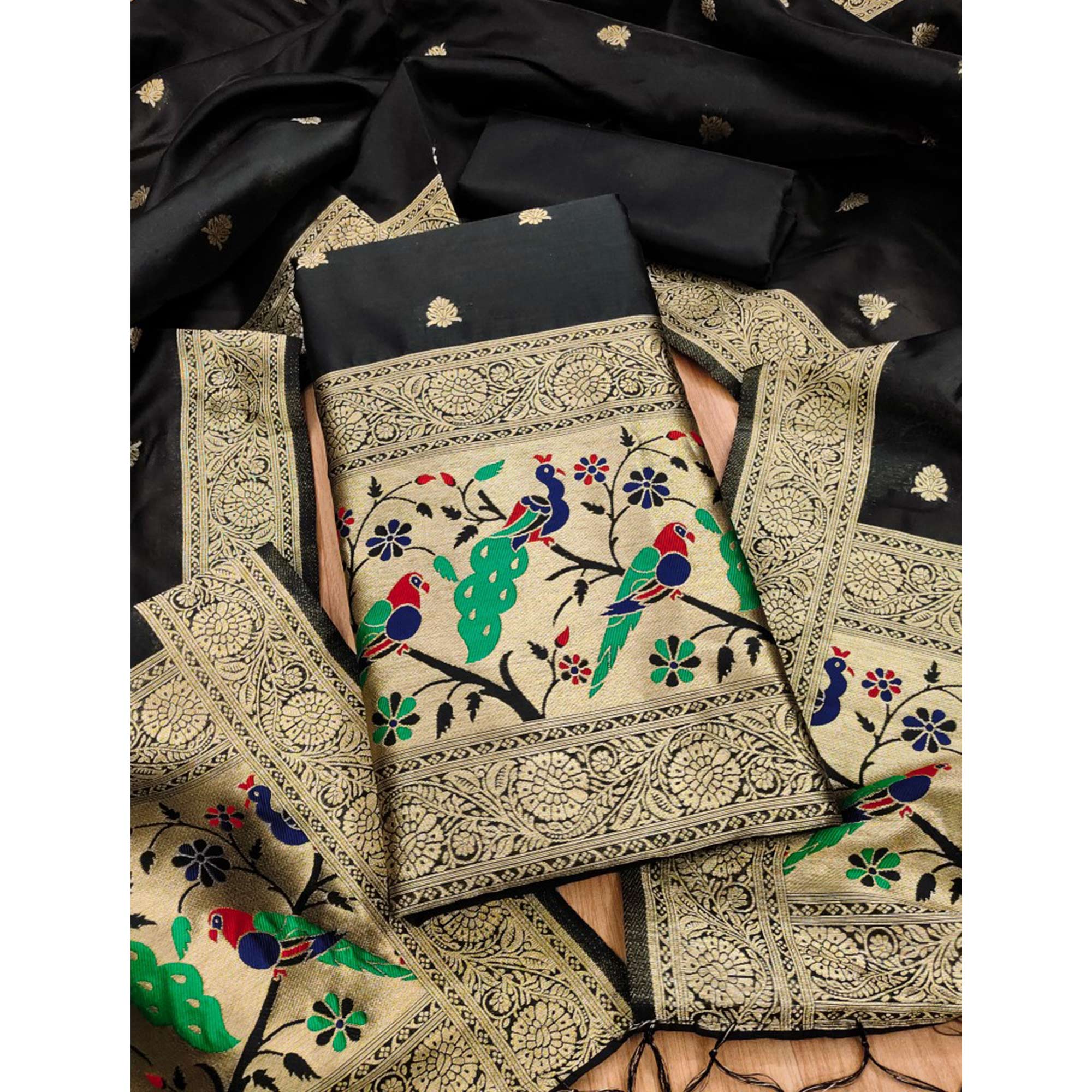 Black Floral Zari Woven Banarasi Silk Dress Material