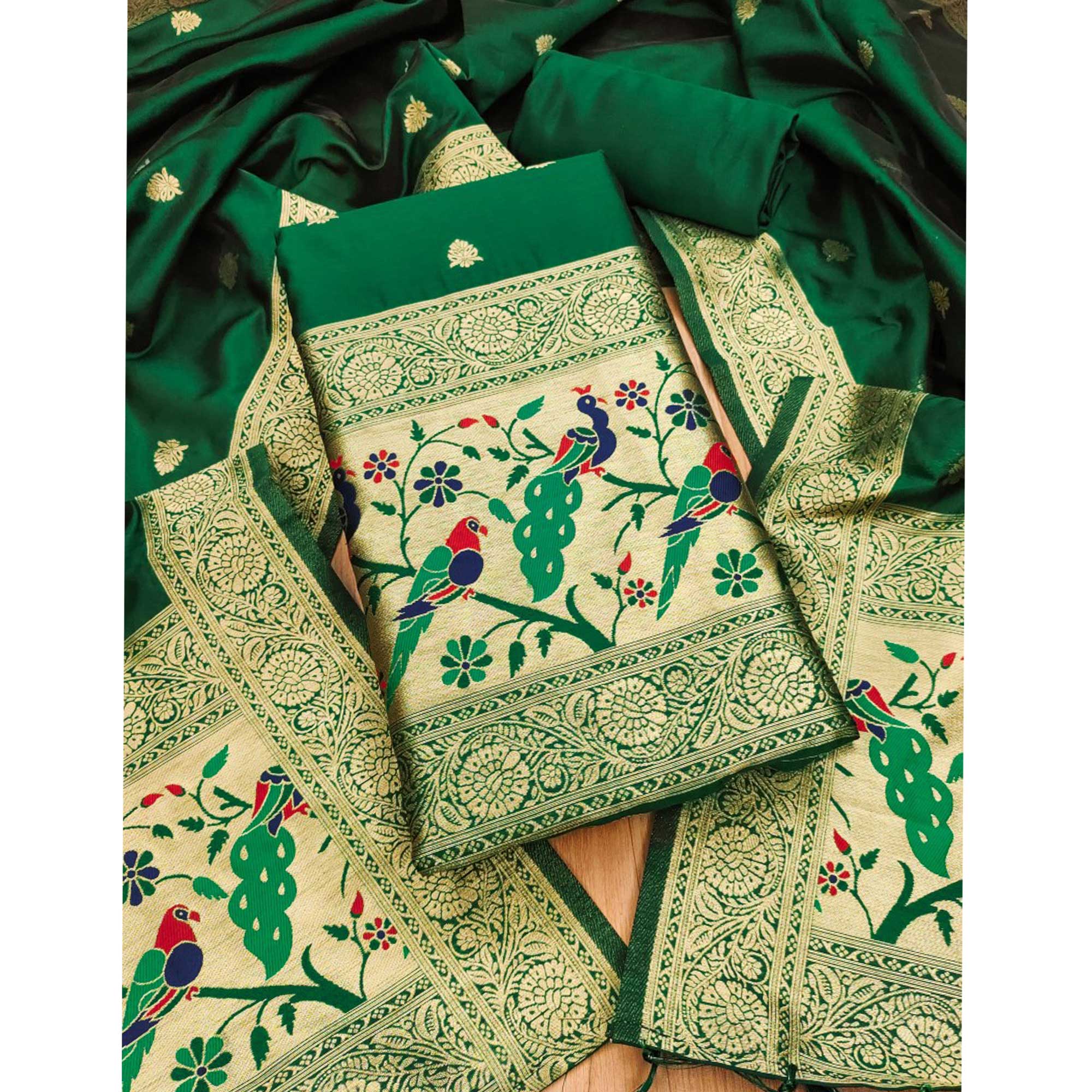 Green Floral Zari Woven Banarasi Silk Dress Material