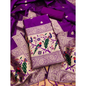 Purple Floral Zari Woven Banarasi Silk Dress Material