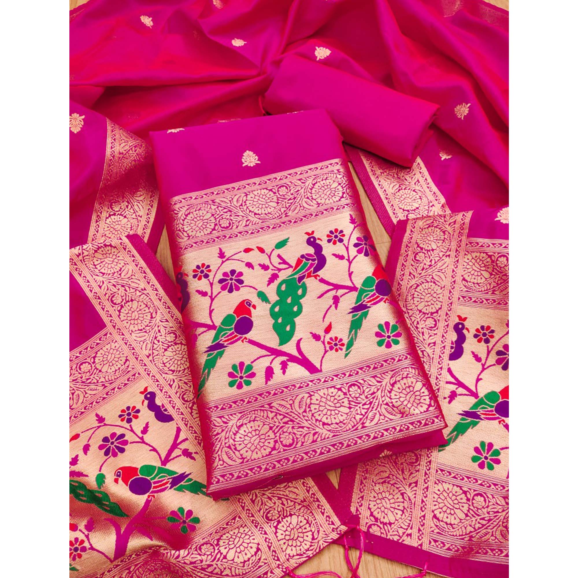 Rani Pink Floral Zari Woven Banarasi Silk Dress Material