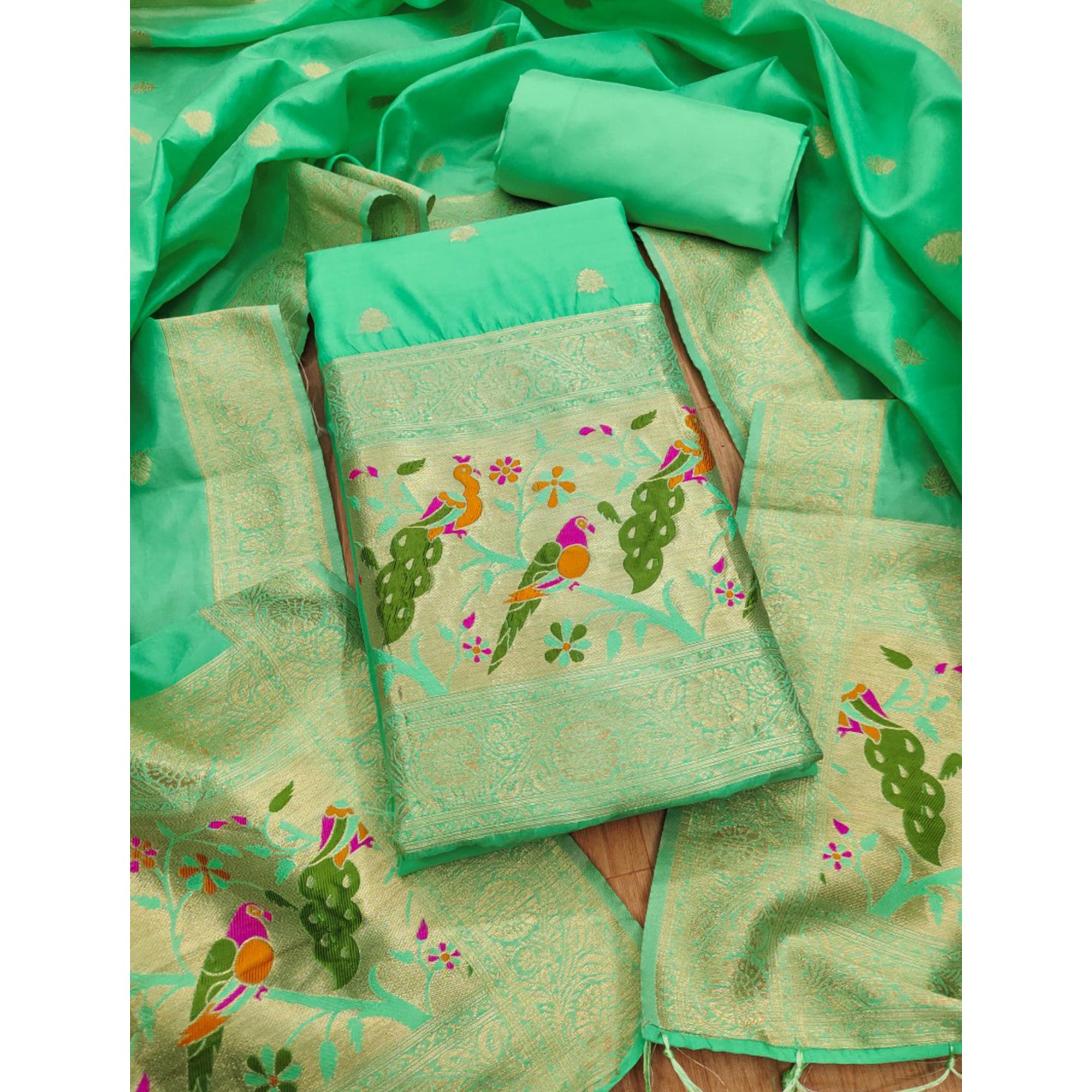 Sea Green Floral Zari Woven Banarasi Silk Dress Material