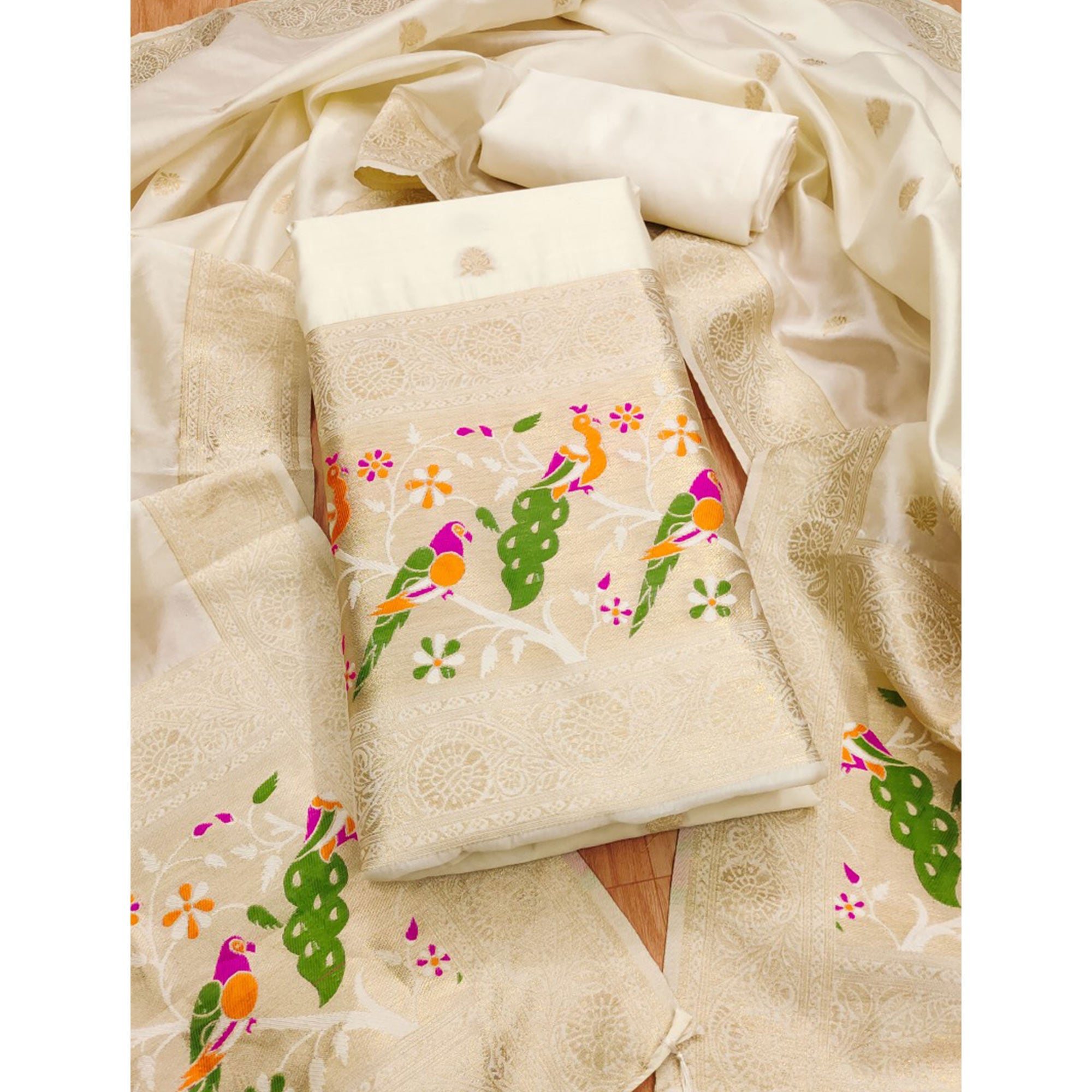 White Floral Zari Woven Banarasi Silk Dress Material