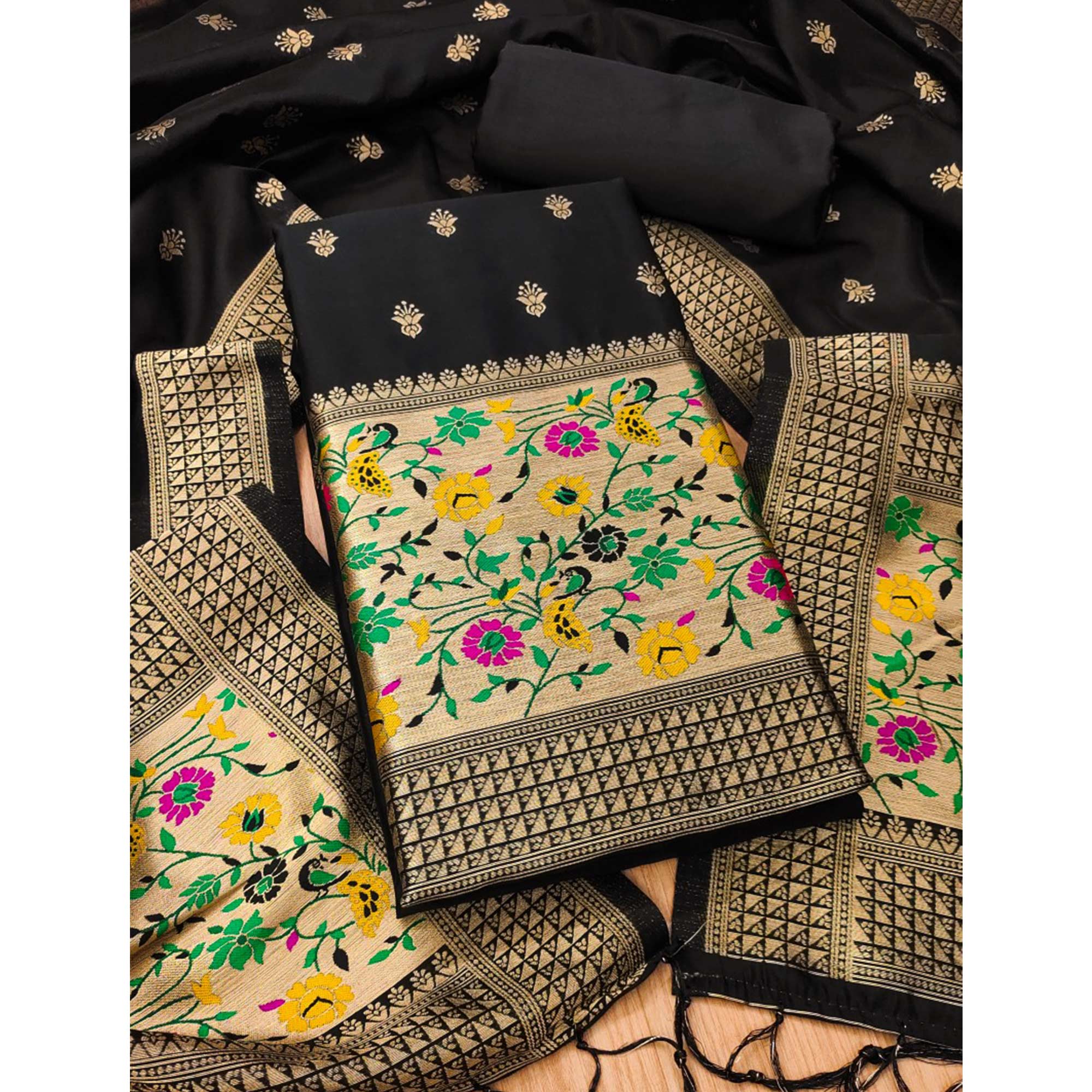 Black Floral Zari Woven Banarasi Silk Dress Material