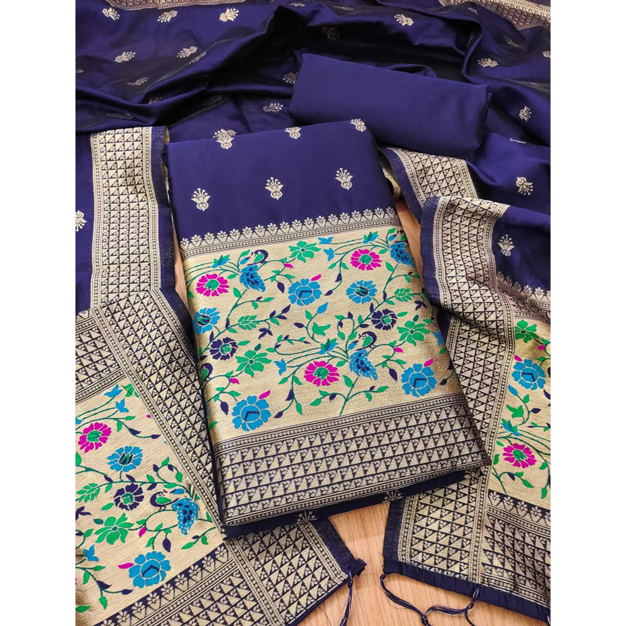 Navy Blue Floral Zari Woven Banarasi Silk Dress Material