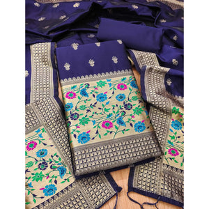 Navy Blue Floral Zari Woven Banarasi Silk Dress Material