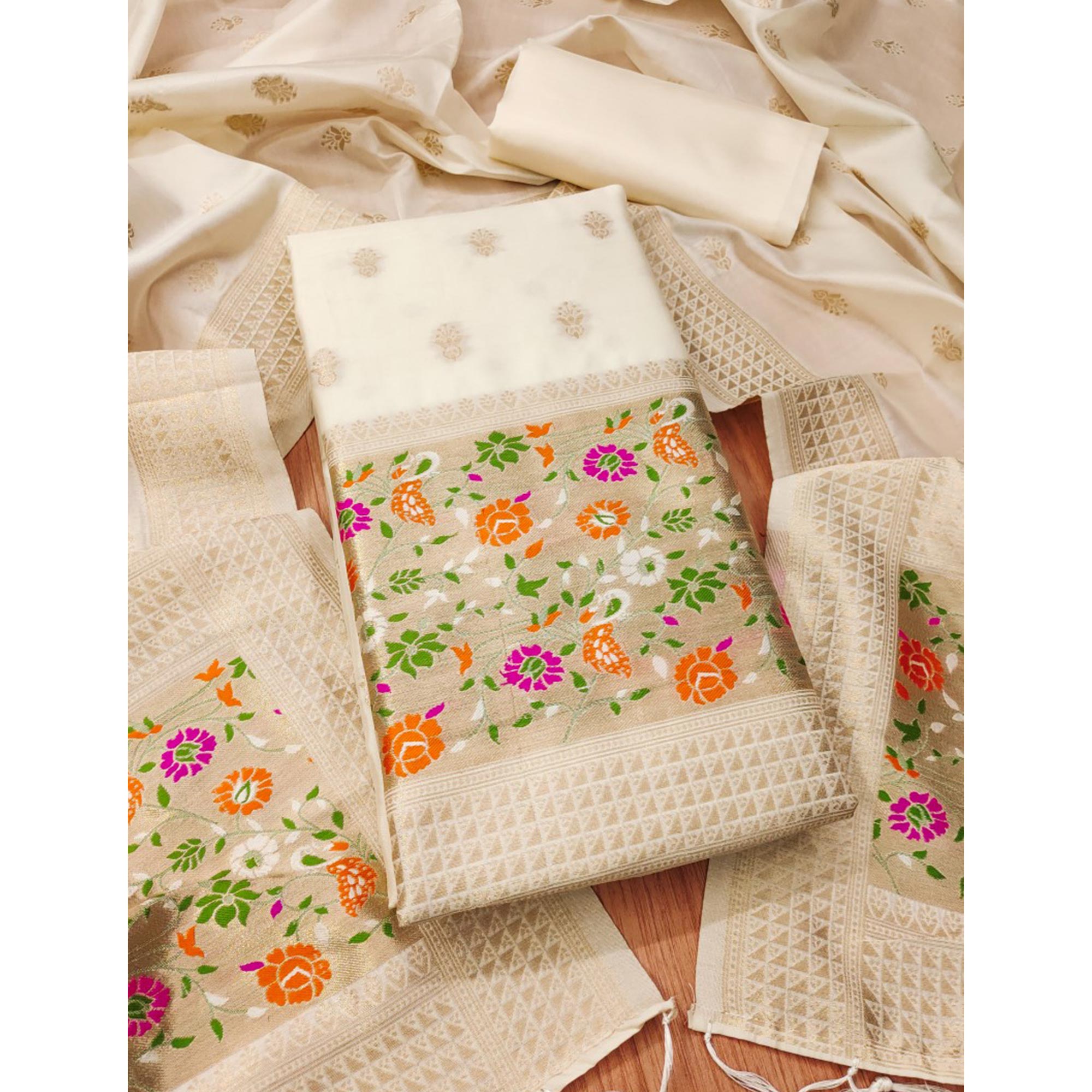 Offwhite Floral Zari Woven Banarasi Silk Dress Material