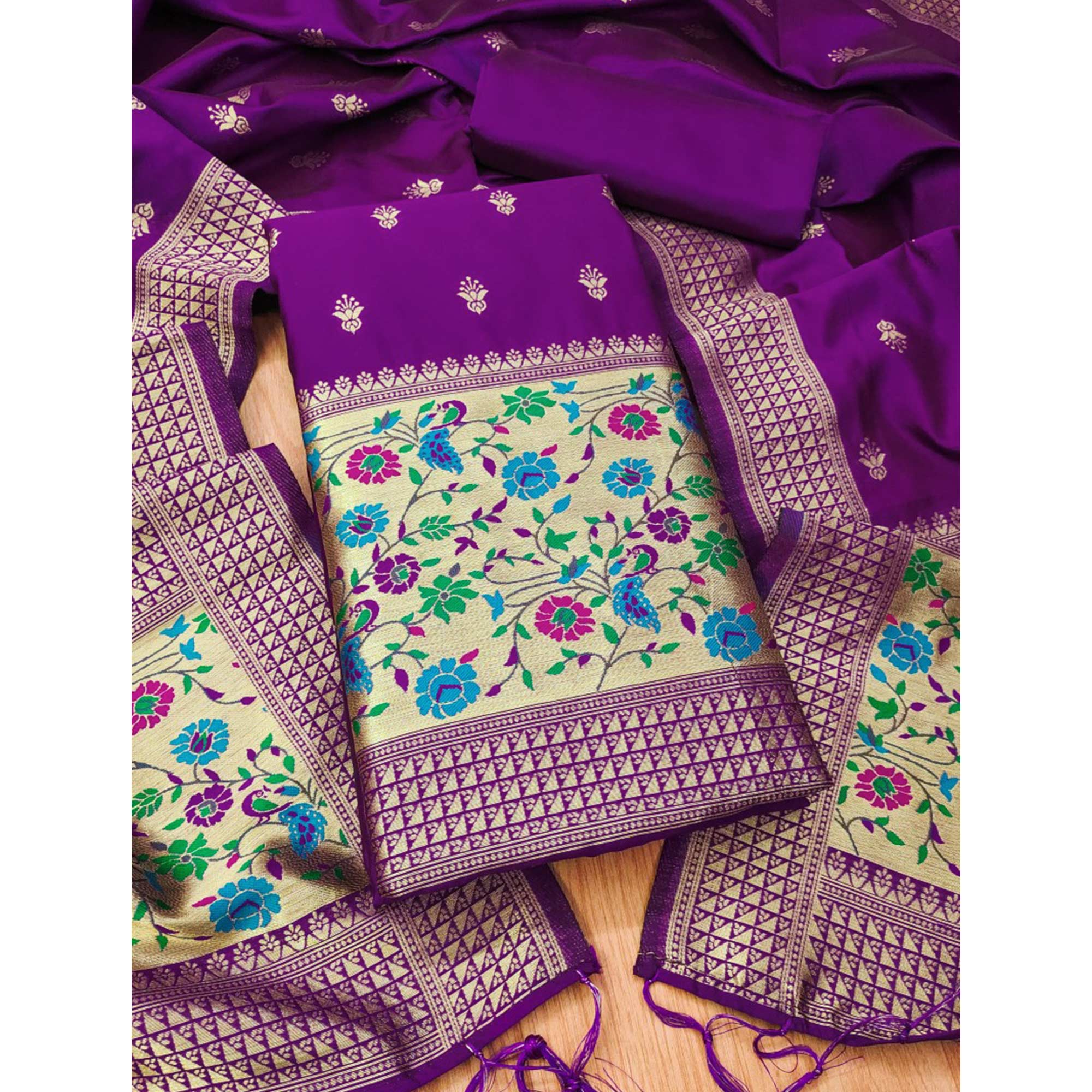 Purple Floral Zari Woven Banarasi Silk Dress Material