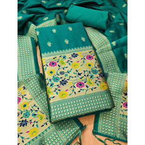 Rama Green Floral Zari Woven Banarasi Silk Dress Material