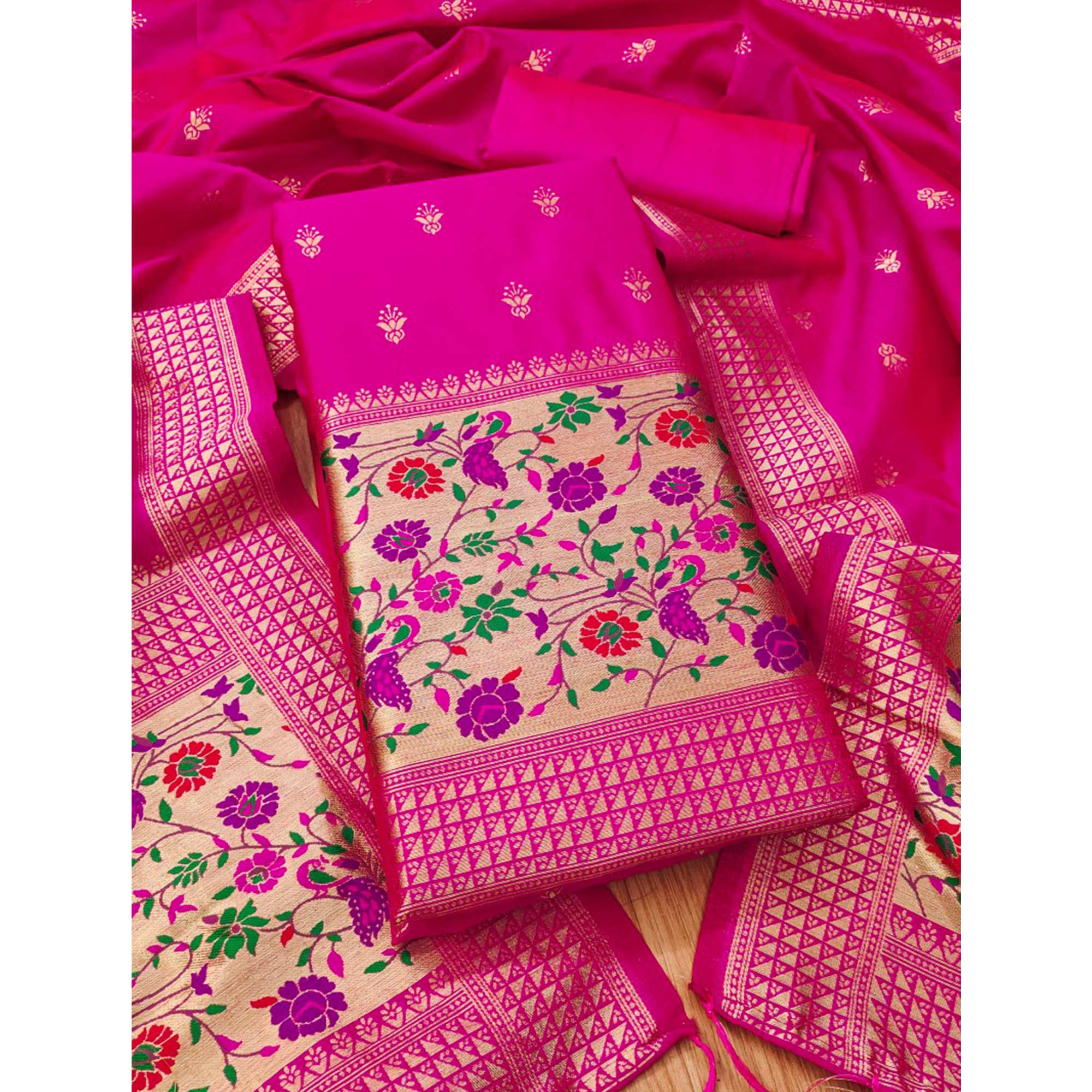 Rani Pink Floral Zari Woven Banarasi Silk Dress Material