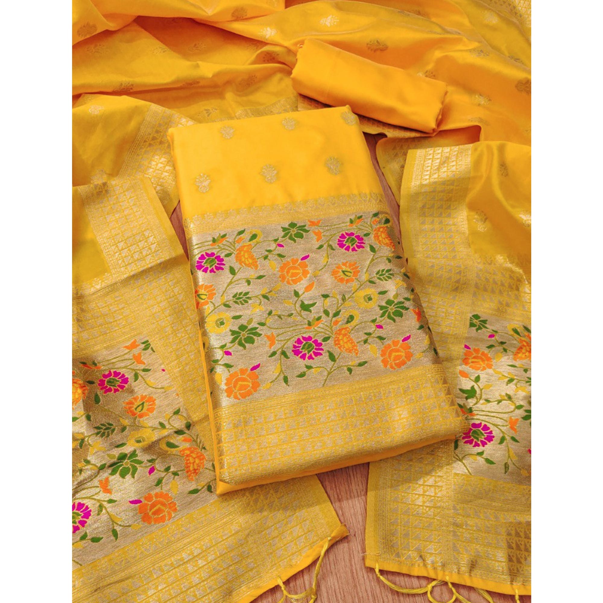 Yellow Floral Zari Woven Banarasi Silk Dress Material