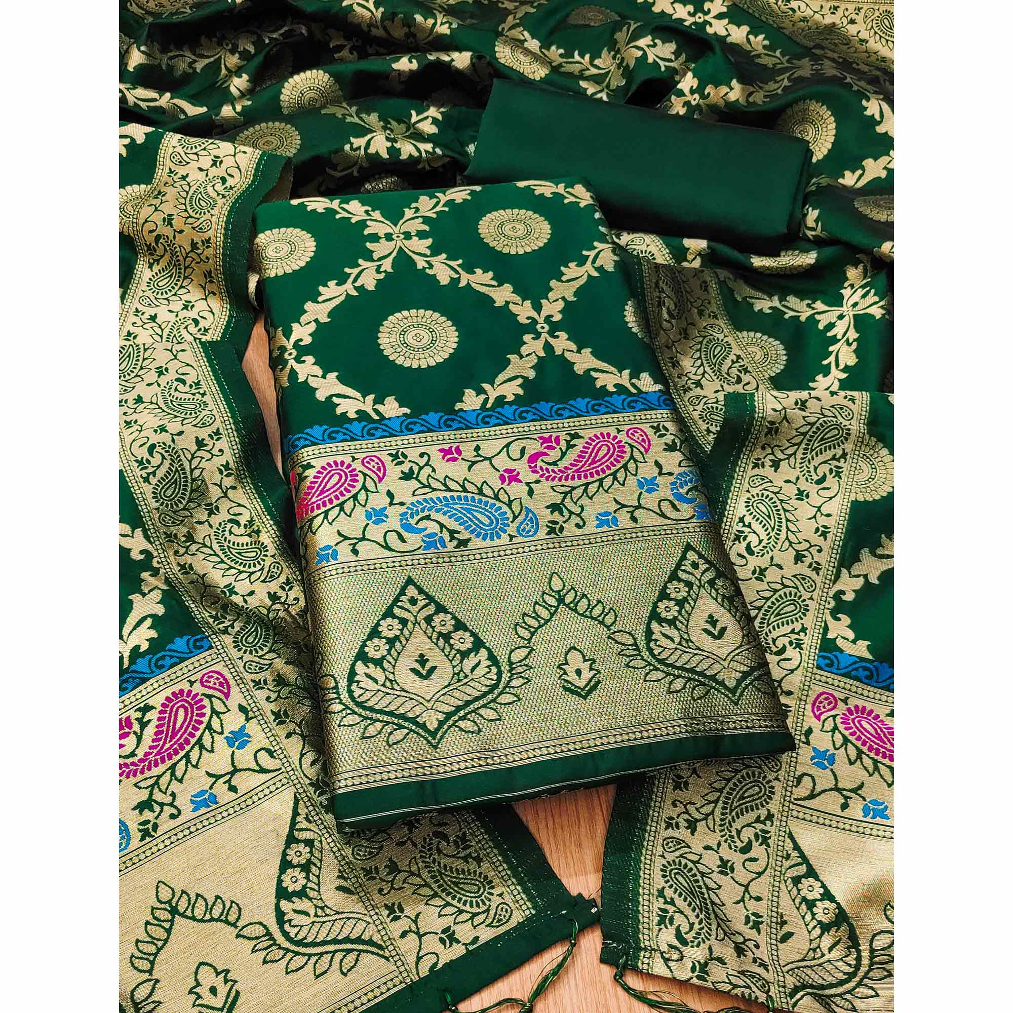 Bottle Green Zari Woven Banarasi Silk Dress Material With Elegant Floral Motifs