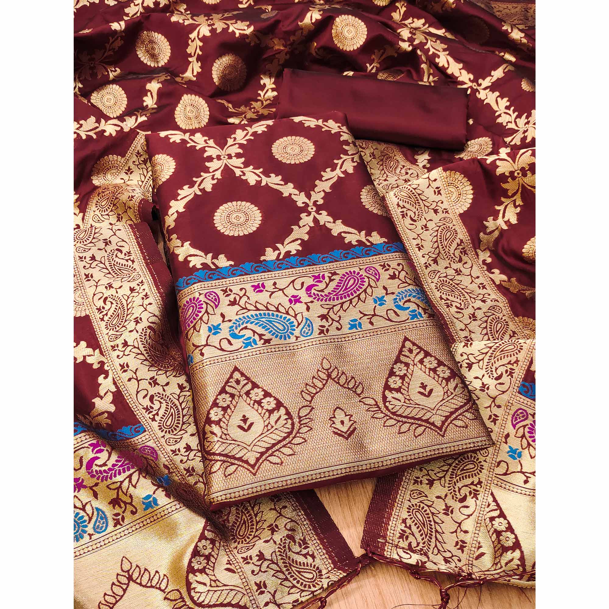 Maroon Zari Woven Banarasi Silk Dress Material With Elegant Floral Motifs
