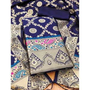 Navy Blue Zari Woven Banarasi Silk Dress Material With Elegant Floral Motifs