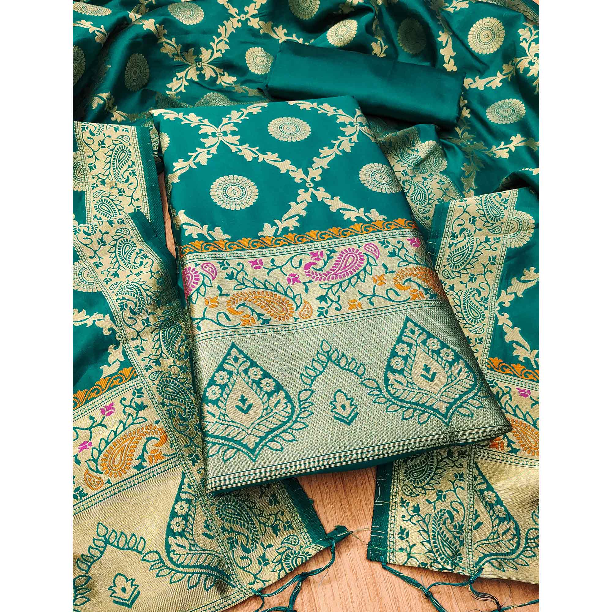 Rama Green Zari Woven Banarasi Silk Dress Material With Elegant Floral Motifs