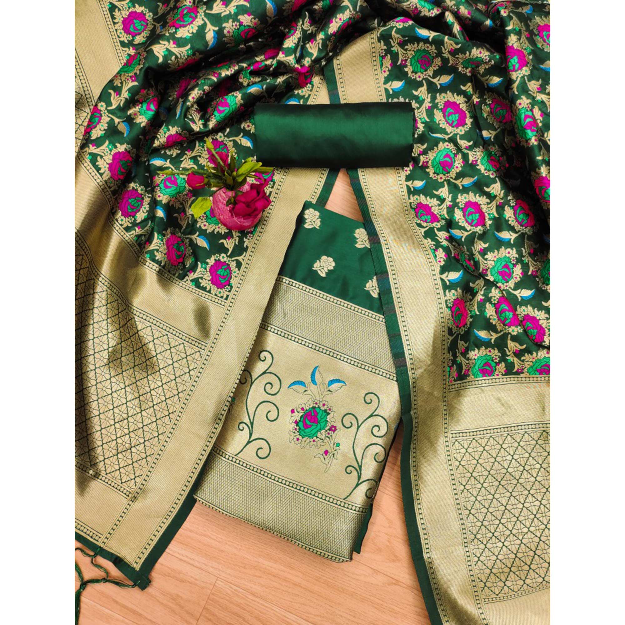 Bottle Green Floral Woven Banarasi Silk Dress Material