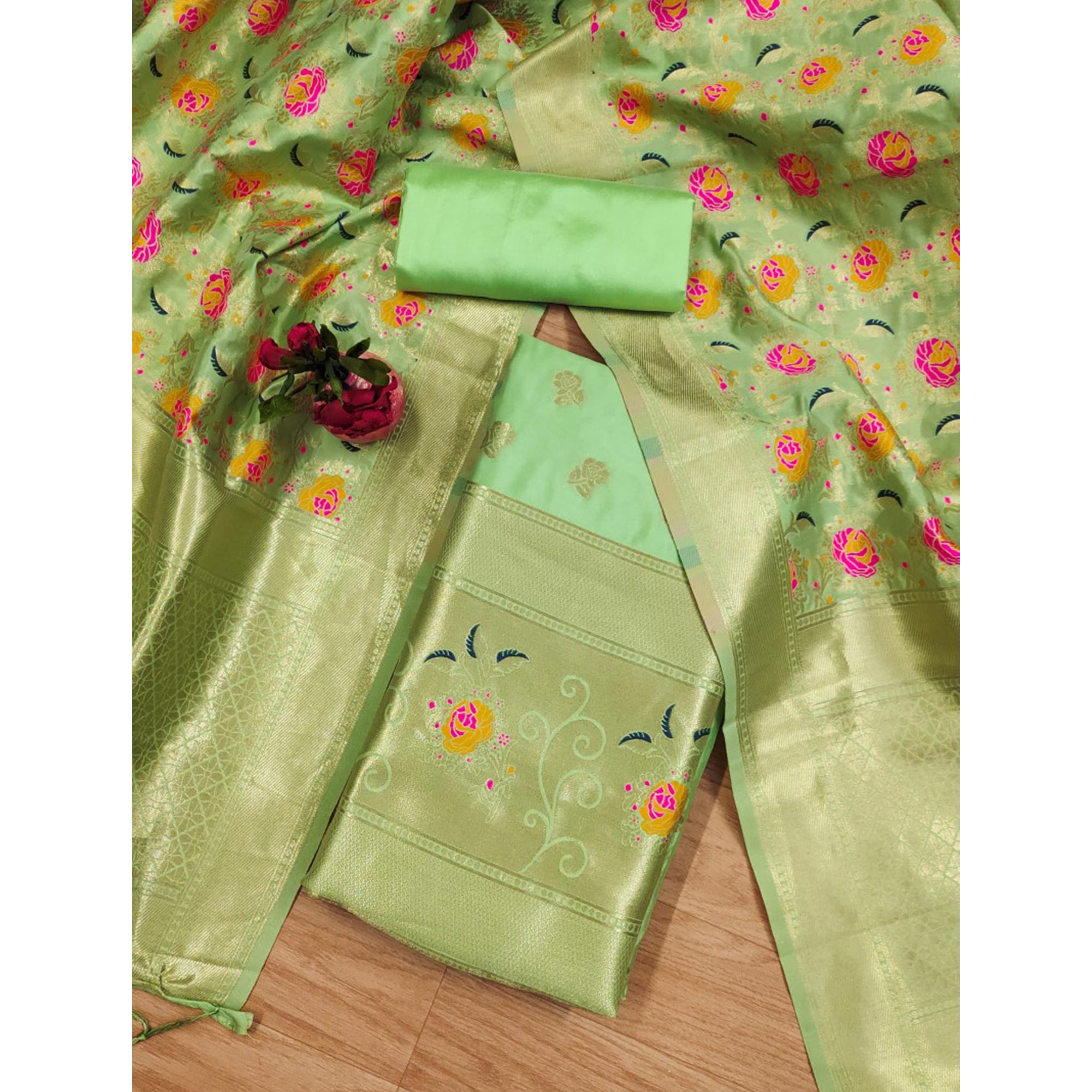 Pista Green Floral Woven Banarasi Silk Dress Material