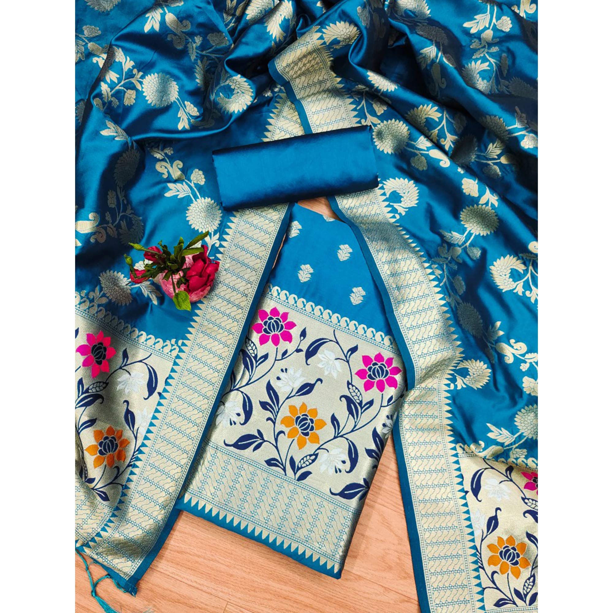 Blue Floral Woven Banarasi Silk Dress Material