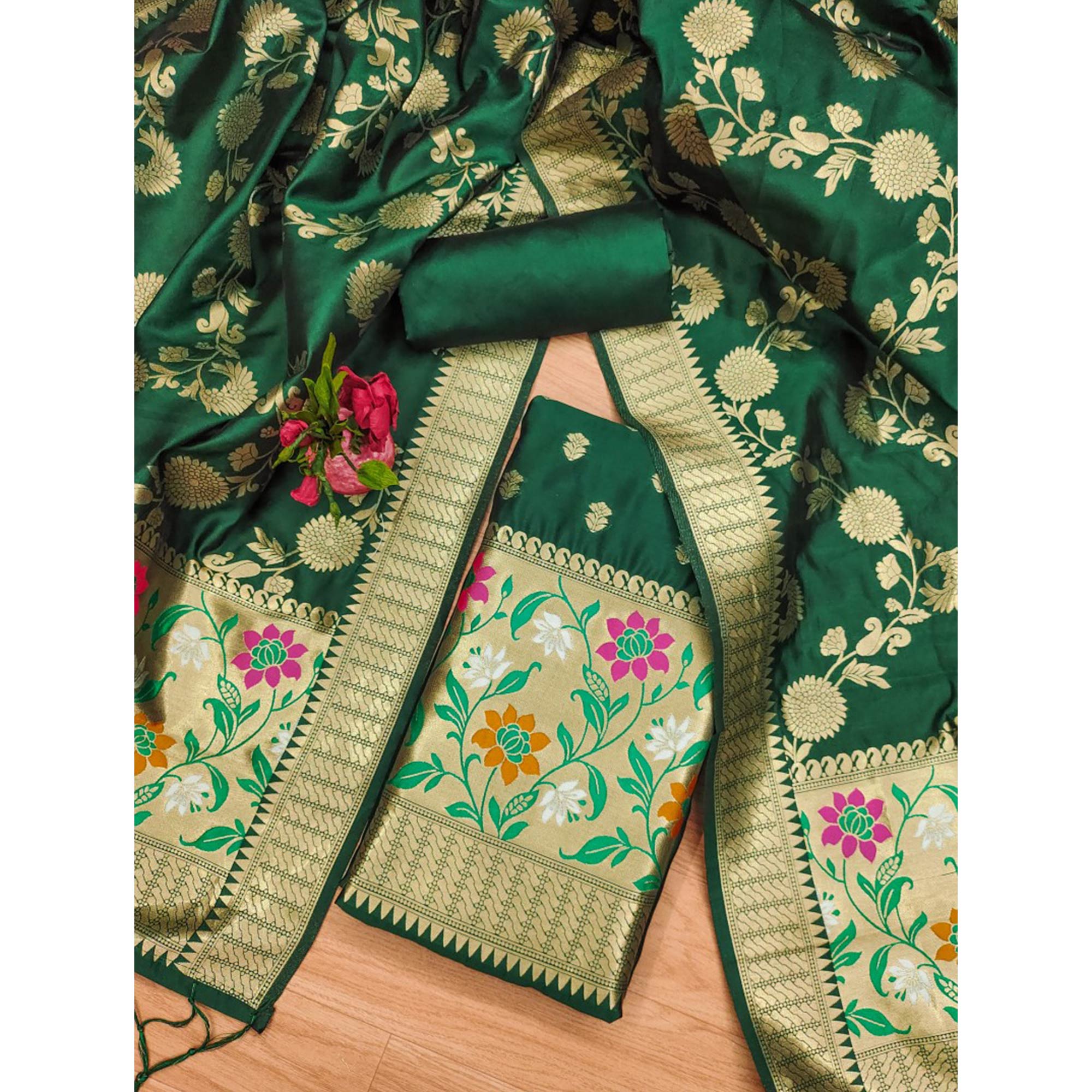 Green Floral Woven Banarasi Silk Dress Material