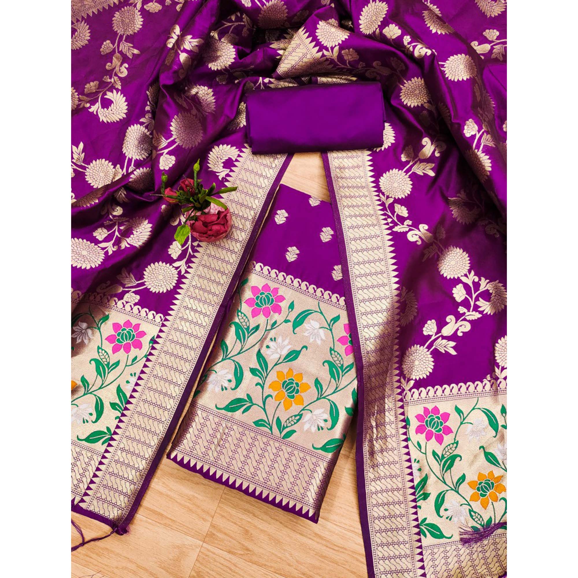 Purple Floral Woven Banarasi Silk Dress Material