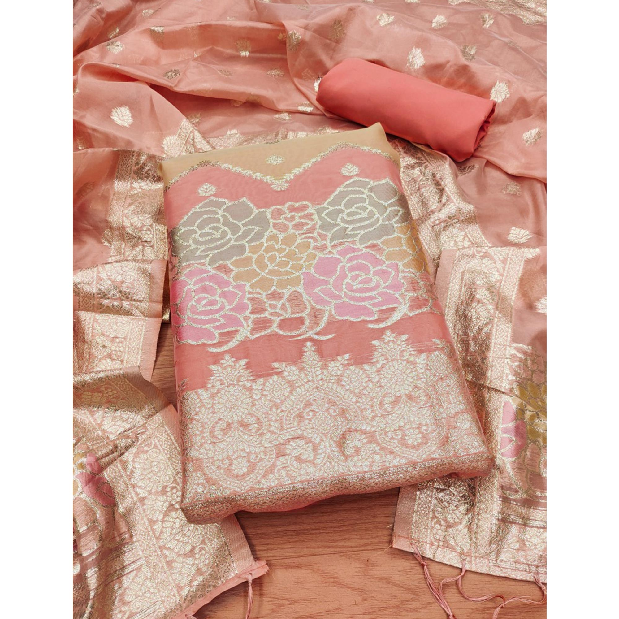 Peach Floral Woven Organza Dress Material
