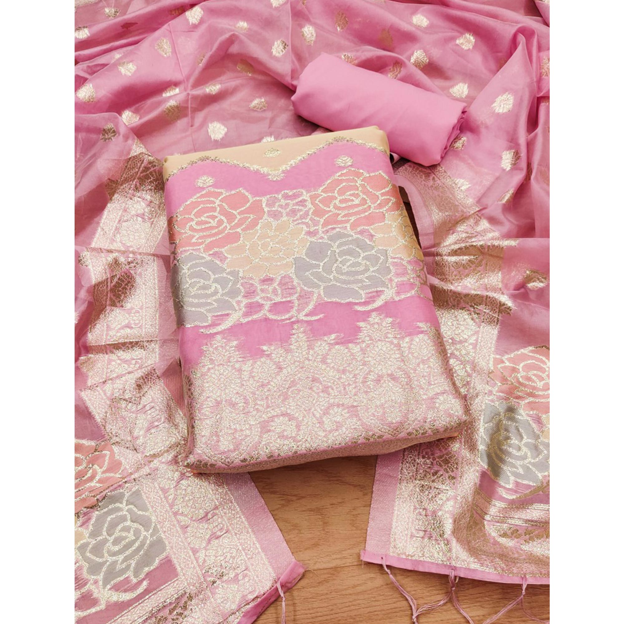 Pink Floral Woven Organza Dress Material