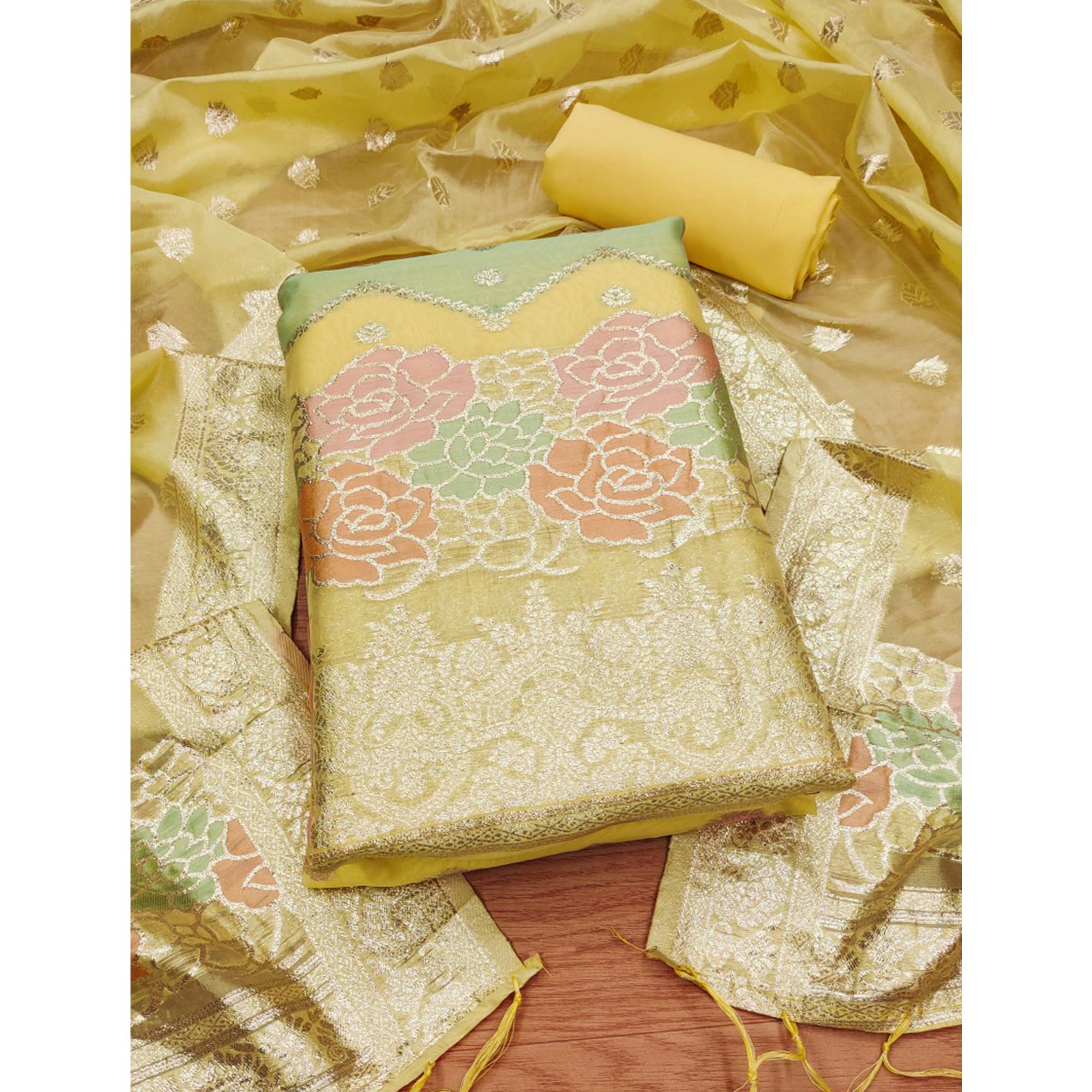 Yellow Floral Woven Organza Dress Material