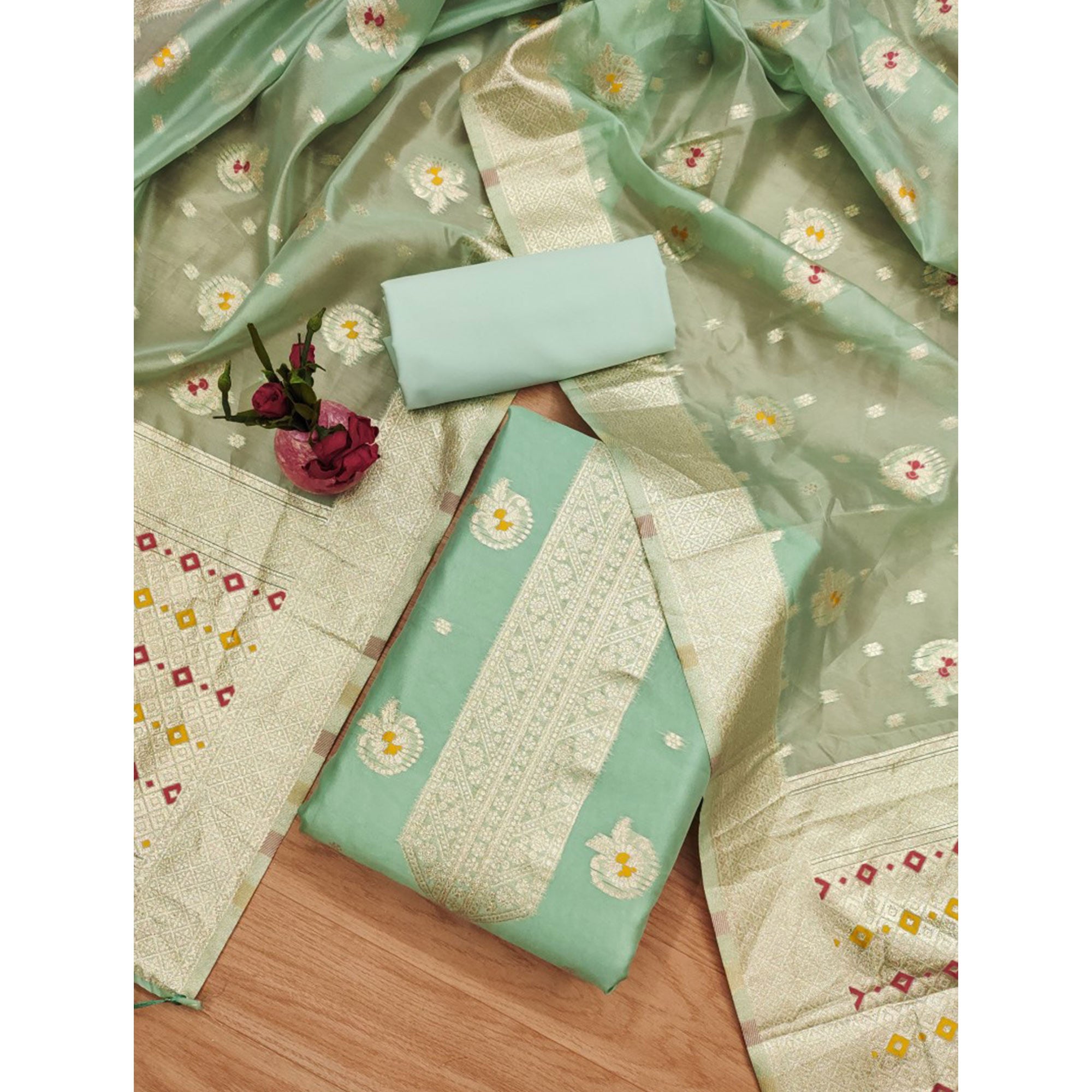 Green Floral Woven Organza Dress Material