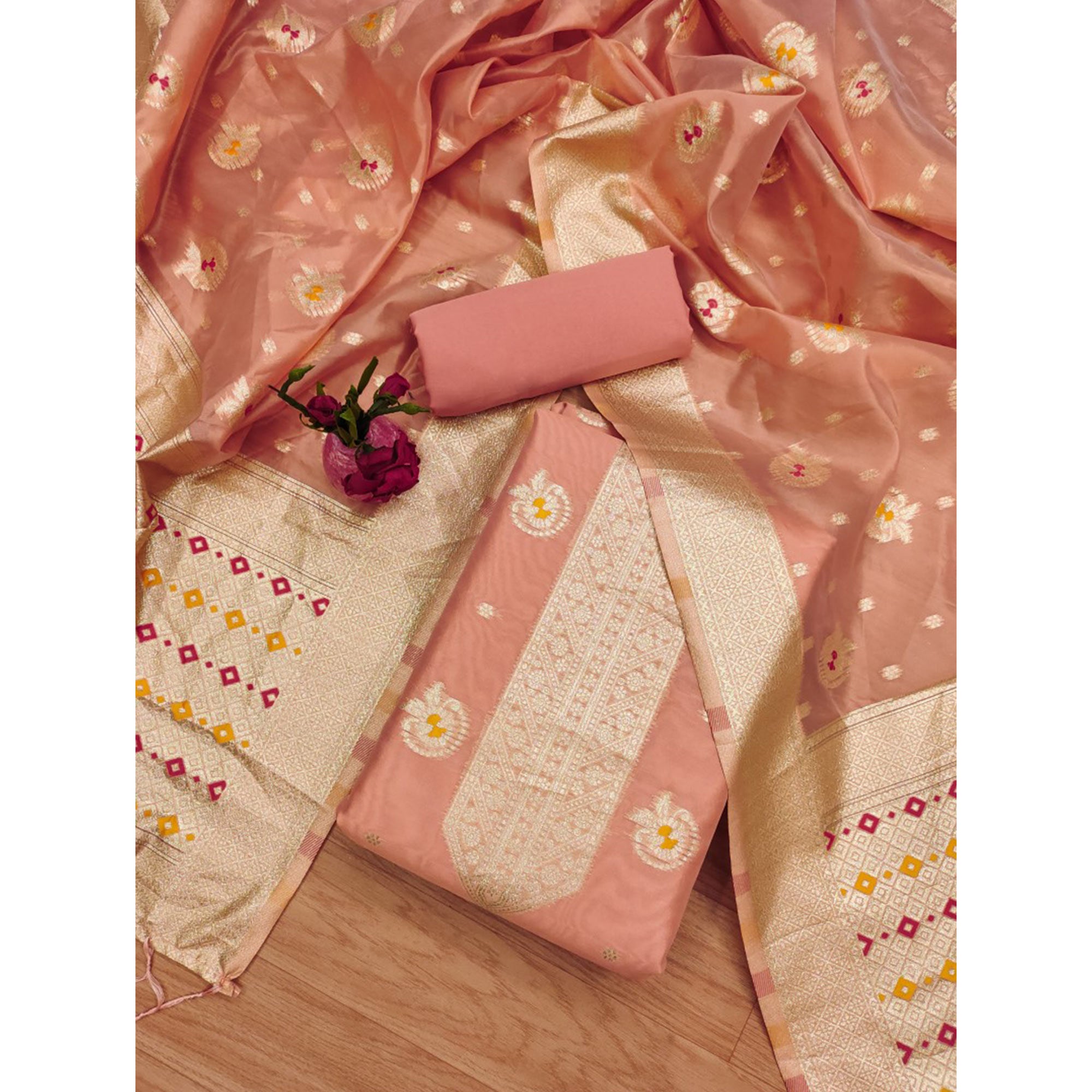 Peach Floral Woven Organza Dress Material