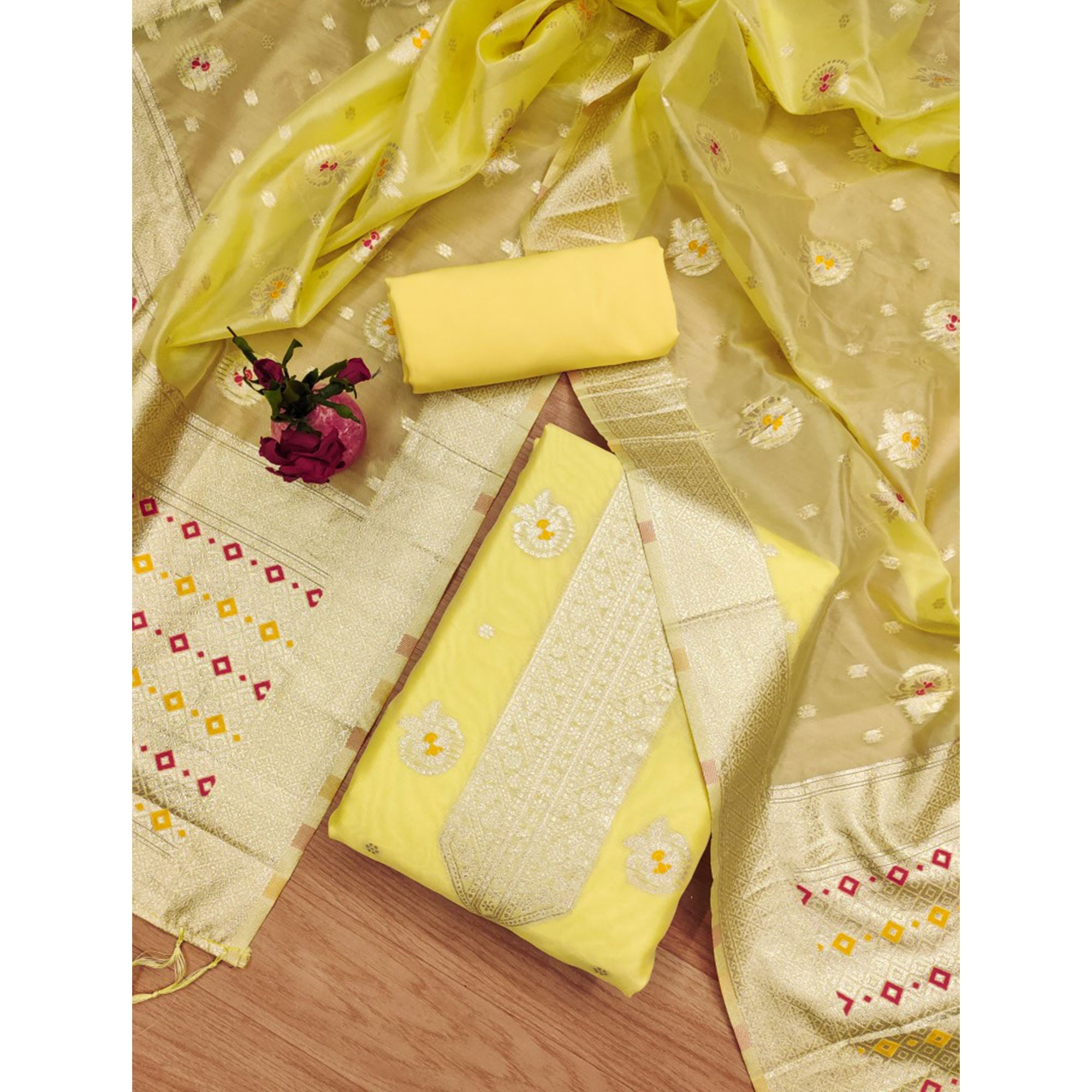 Yellow Floral Woven Organza Dress Material