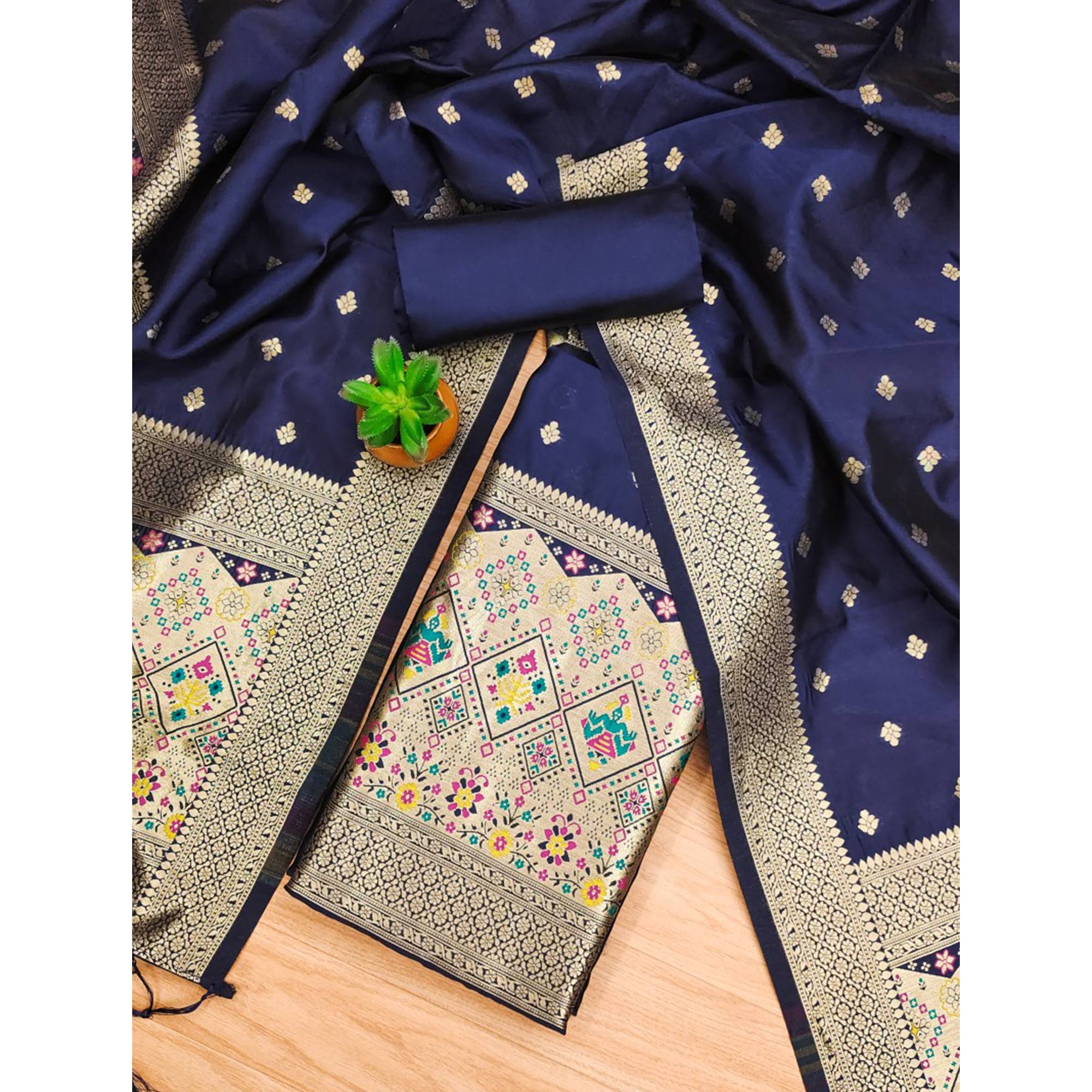 Blue Zari Weaving Soft Banarasi Silk Dress Material