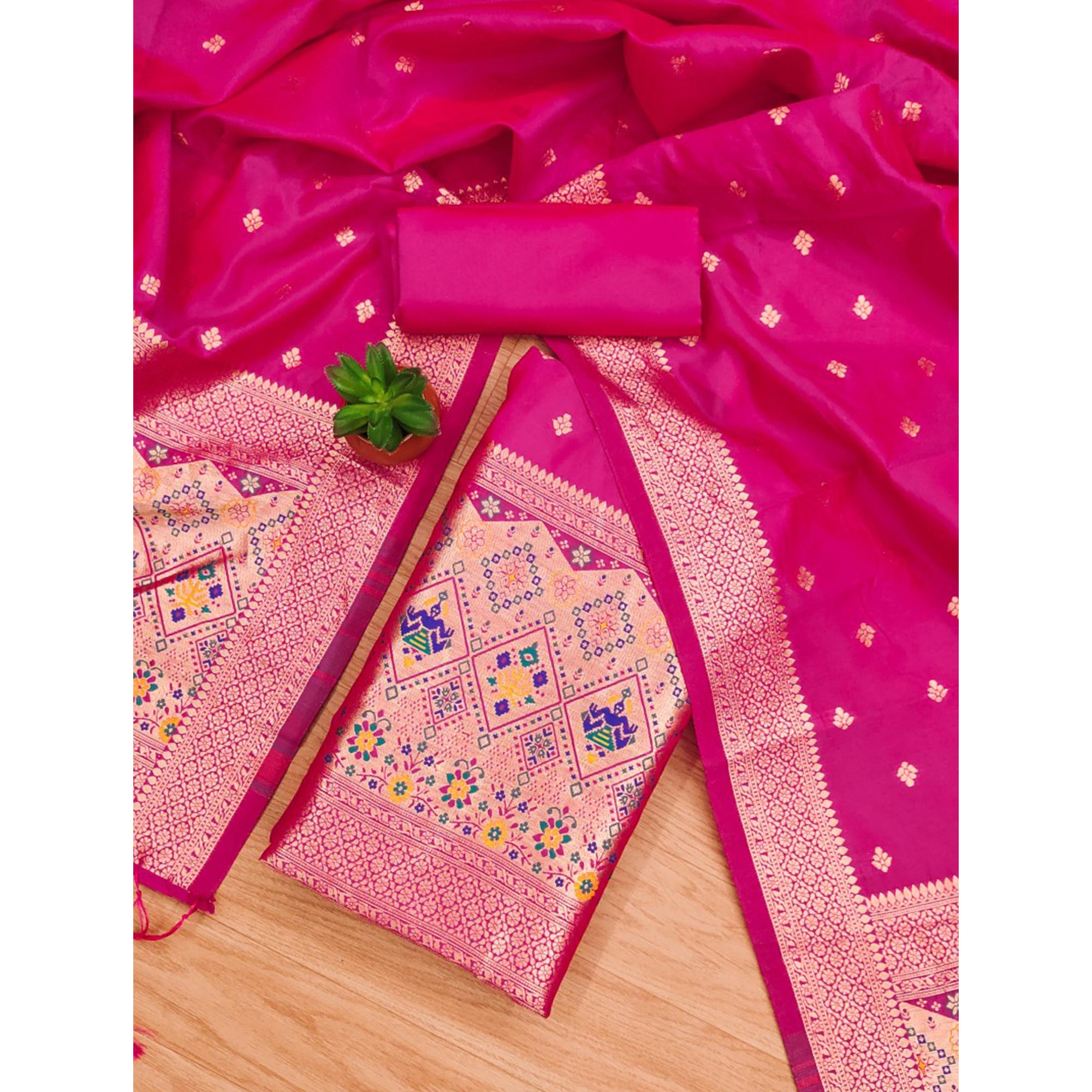 Pink Zari Weaving Soft Banarasi Silk Dress Material