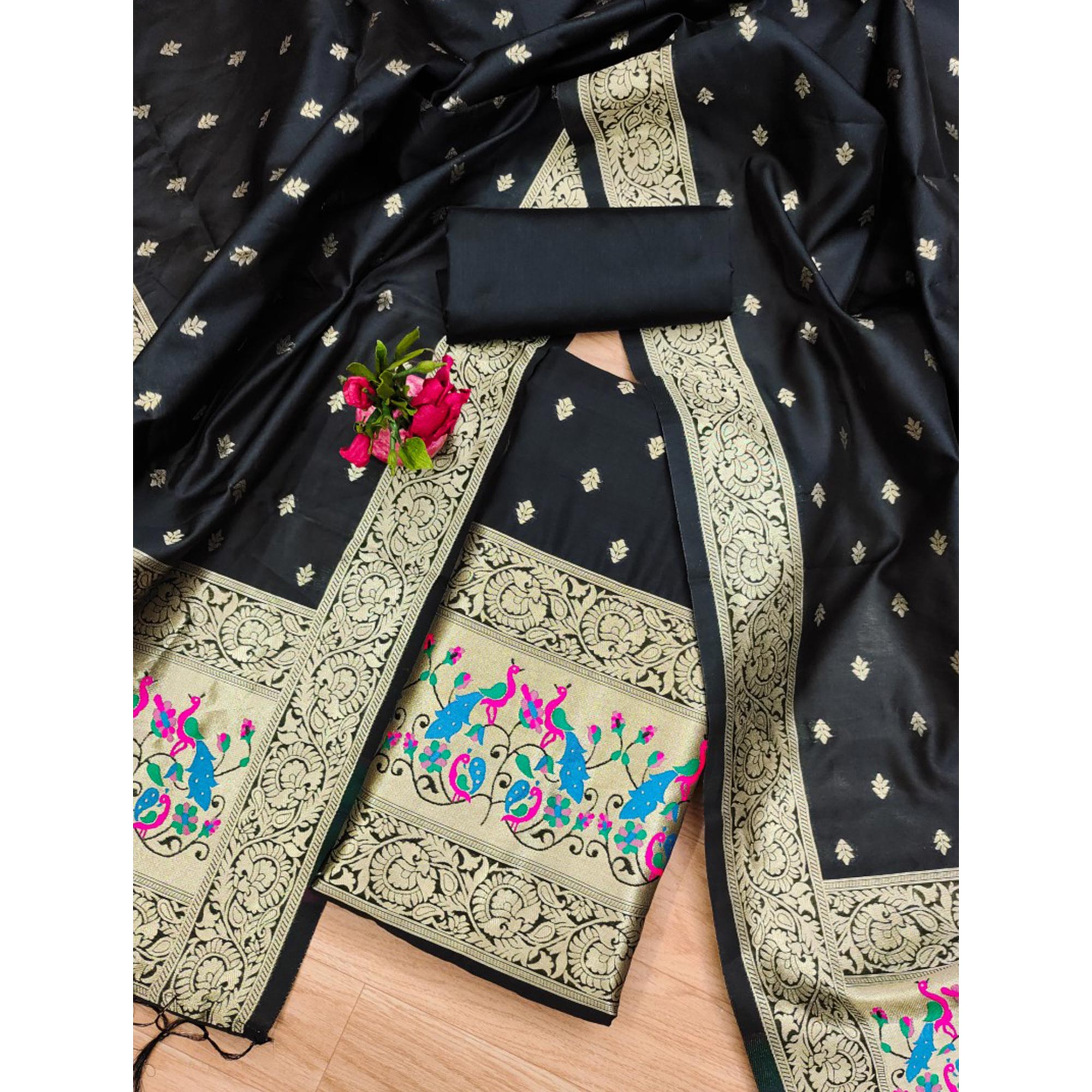 Black Floral Woven Banarasi Silk Dress Material