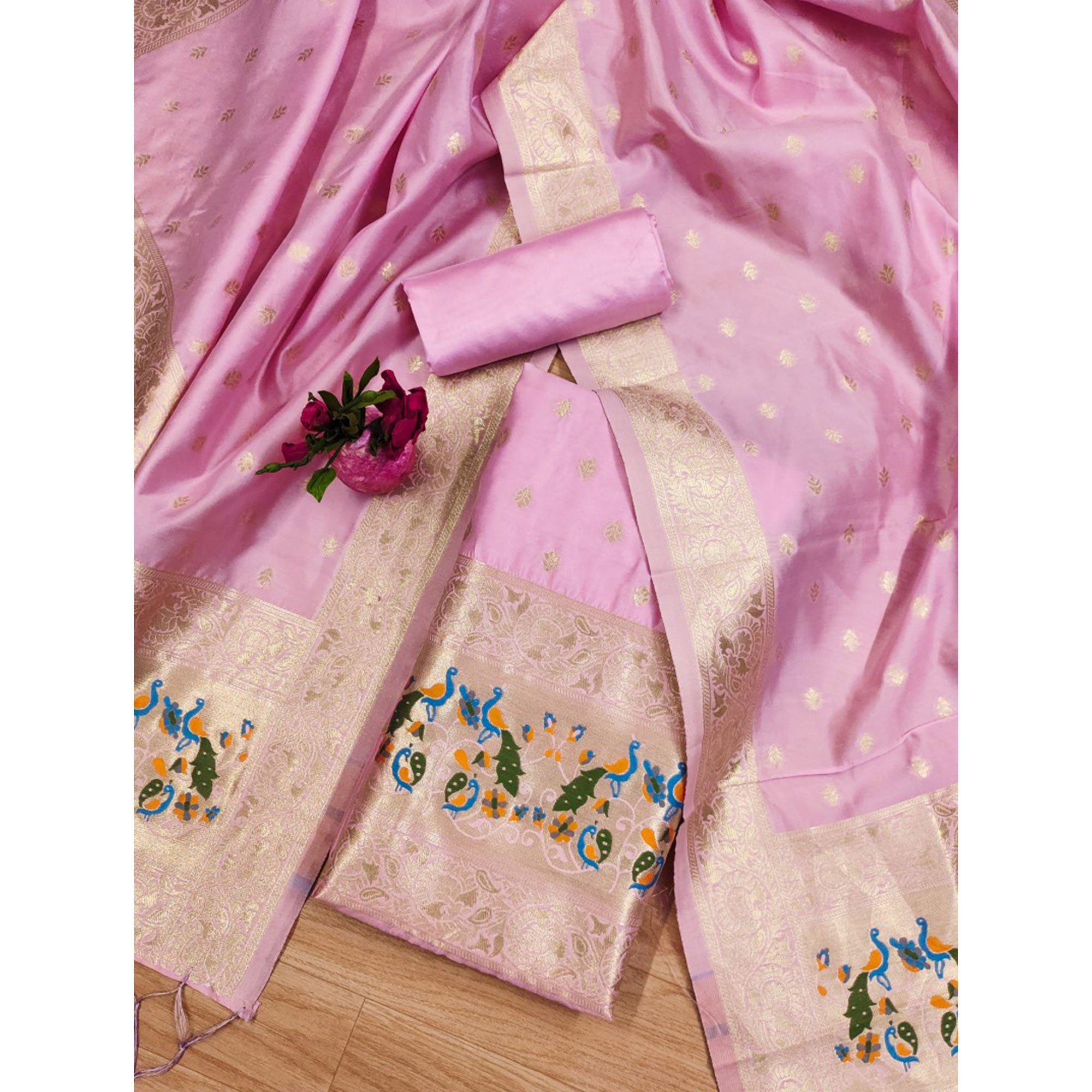 Baby Pink Floral Woven Banarasi Silk Dress Material