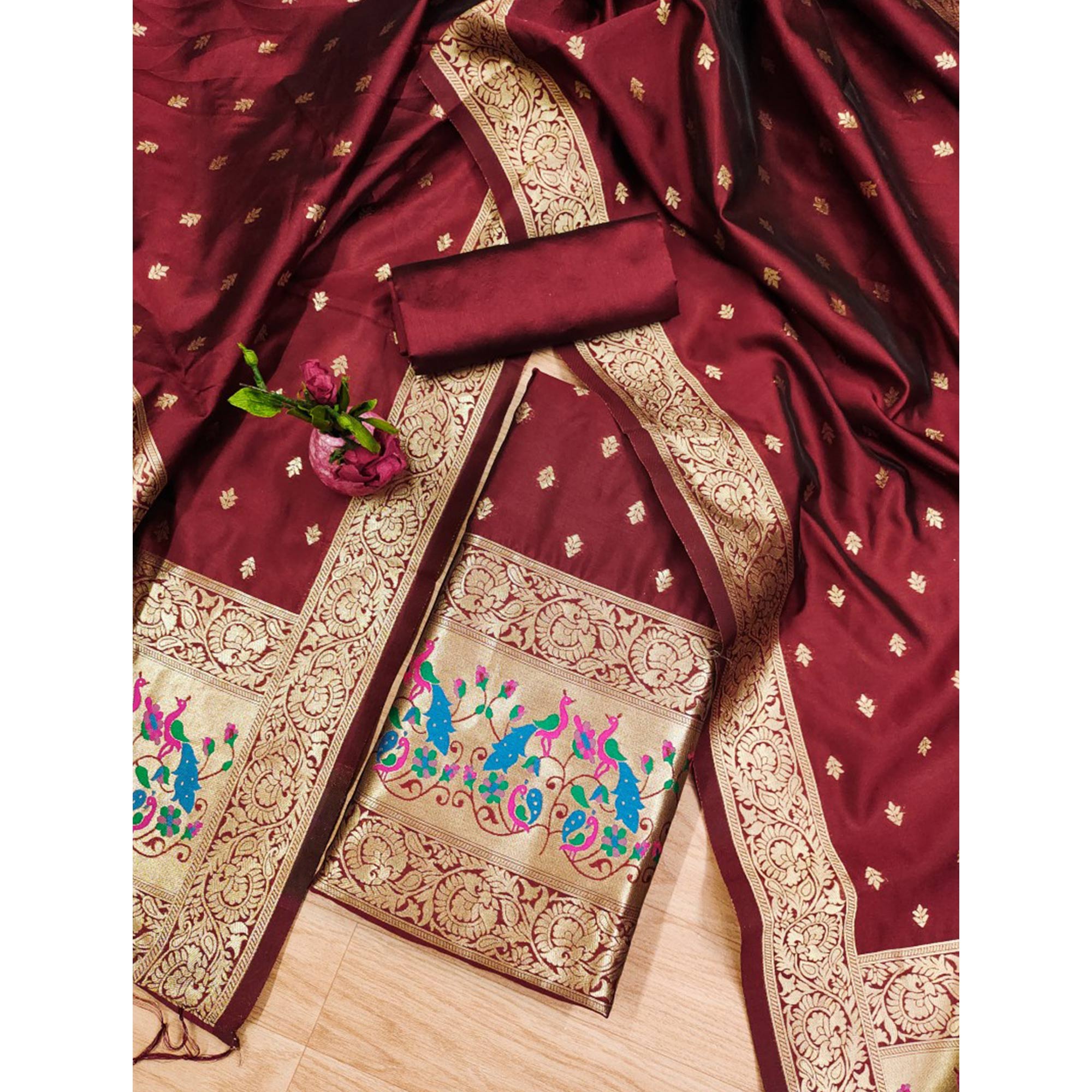 Maroon Floral Woven Banarasi Silk Dress Material