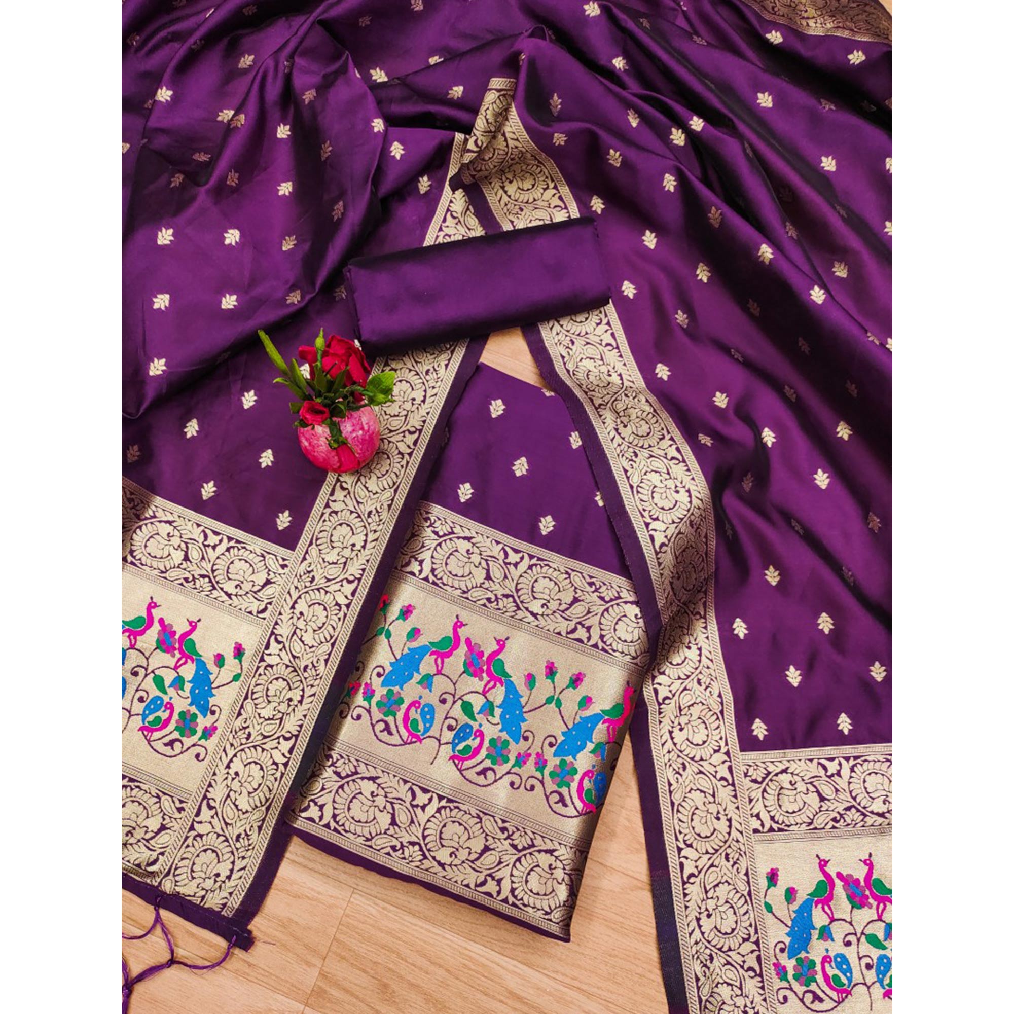 Purple Floral Woven Banarasi Silk Dress Material