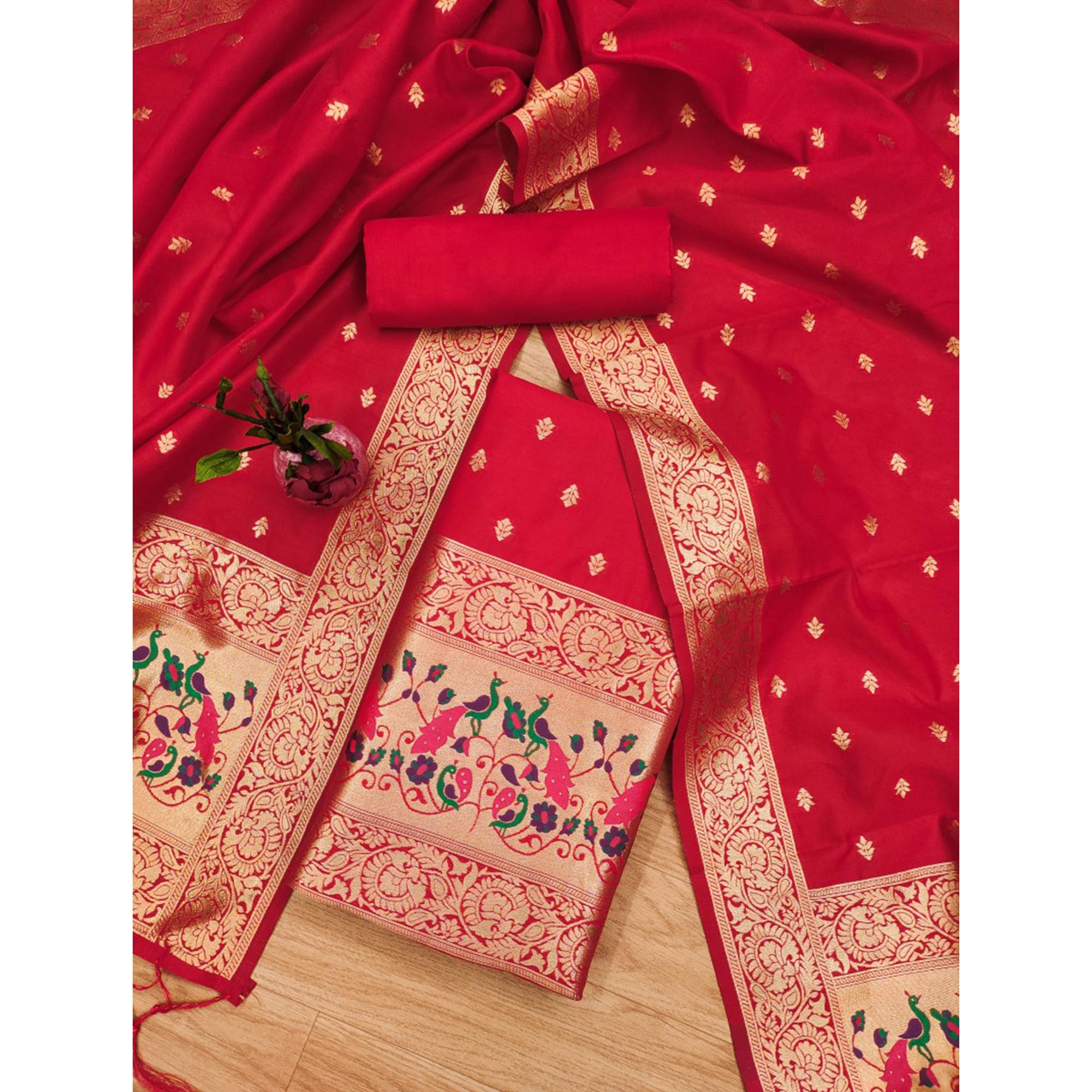 Red Floral Woven Banarasi Silk Dress Material