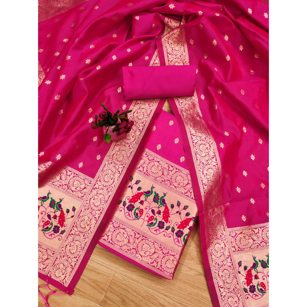 Rani Pink Varni Fabrics Women Floral Banarasi Silk Woven Saree comes With Matching Blouse