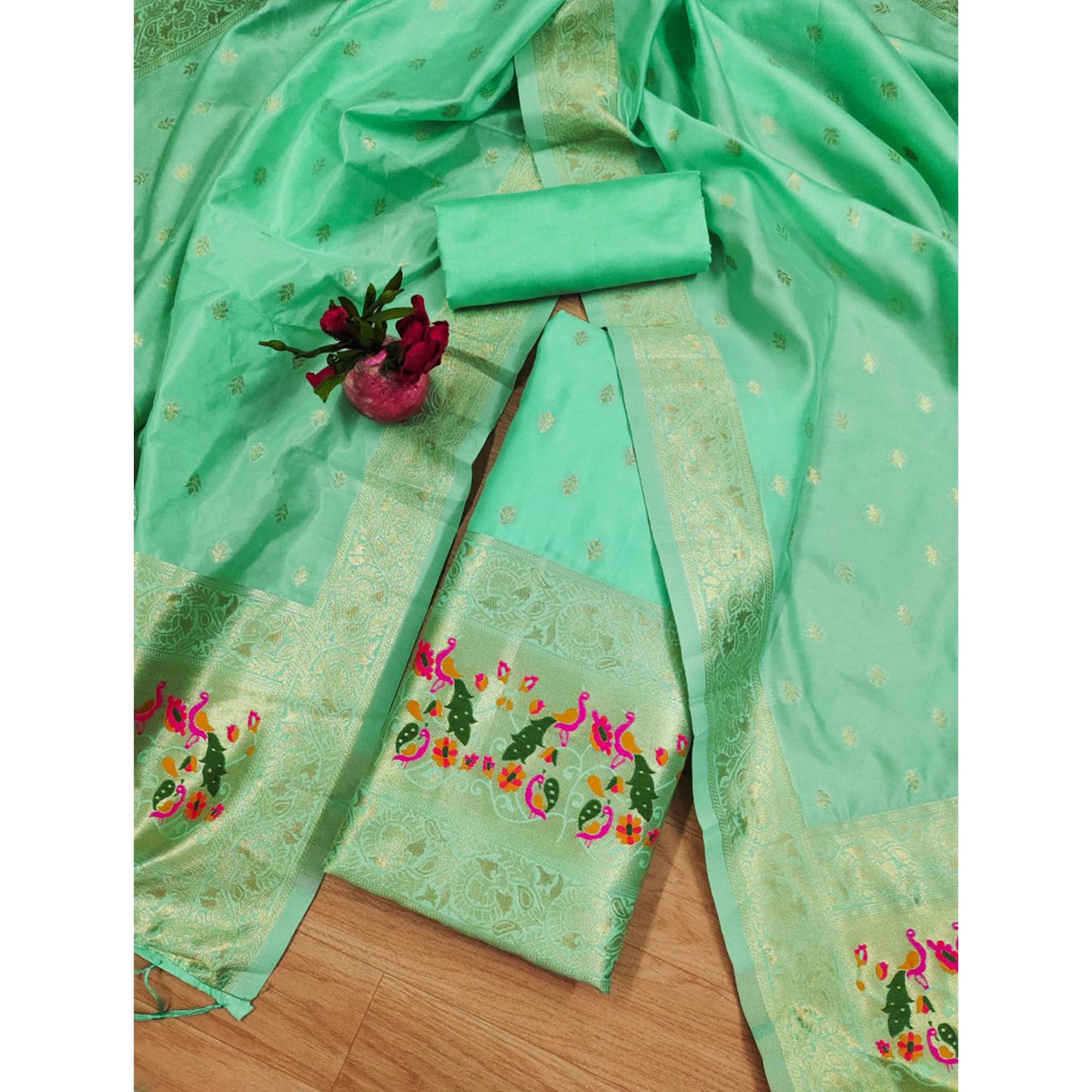 Sea Green Floral Woven Banarasi Silk Dress Material